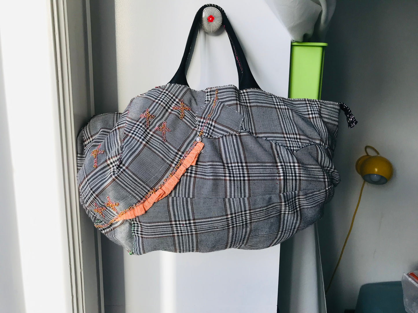 Taske håndsyet taske stof ægte læder håndtag håndlavet 1626 