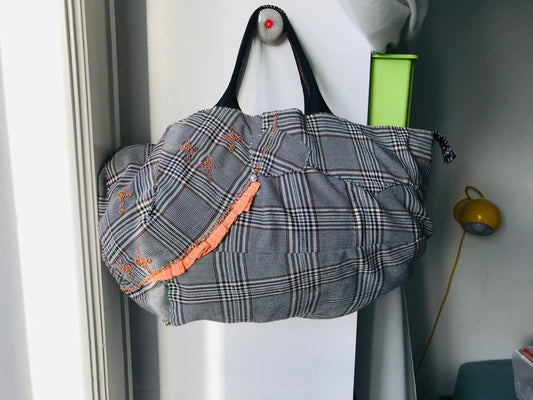 Taske håndsyet taske stof ægte læder håndtag håndlavet 1626 