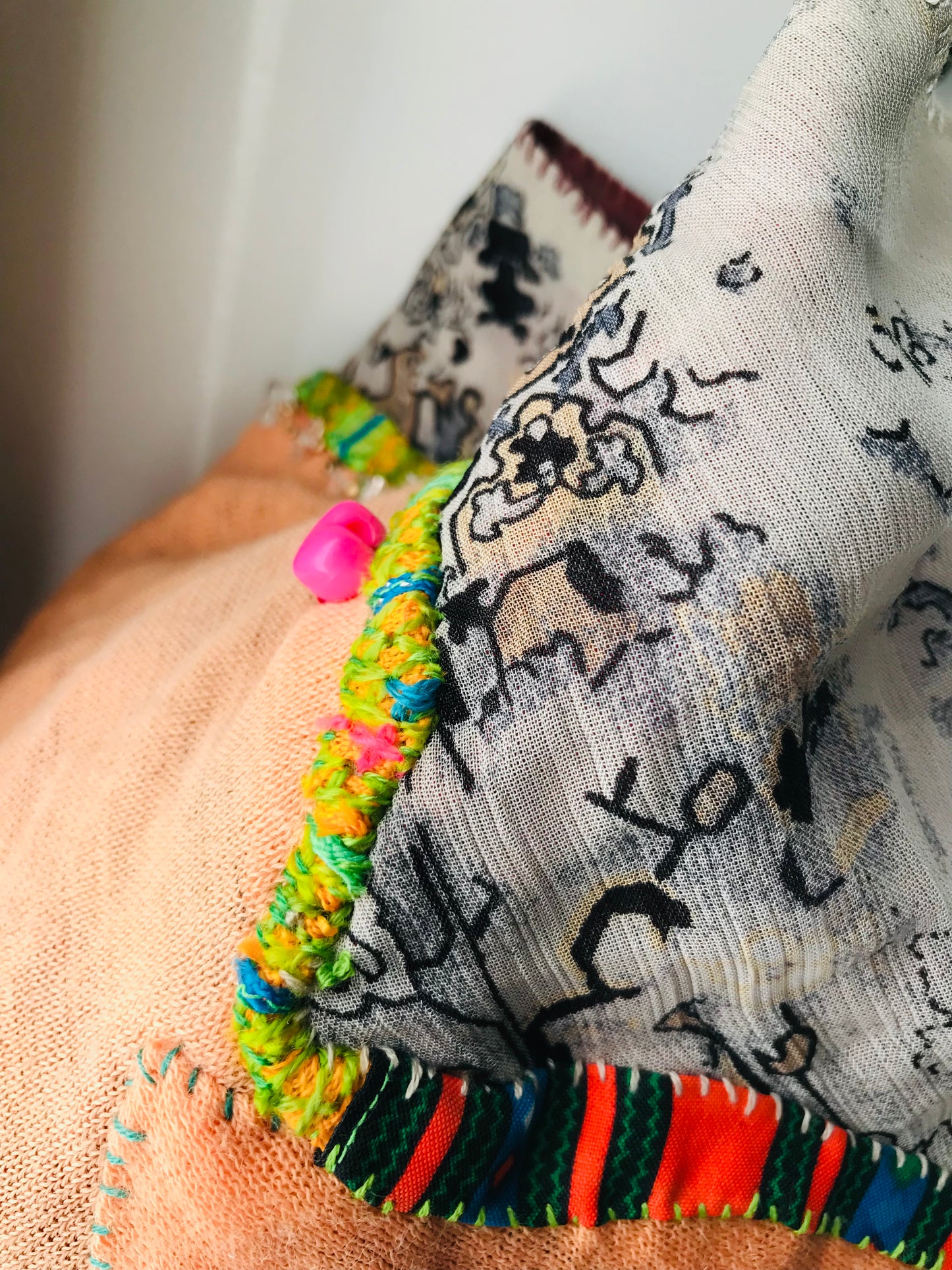 Taske håndsyet taske stof ægte læder håndtag håndlavet 1627