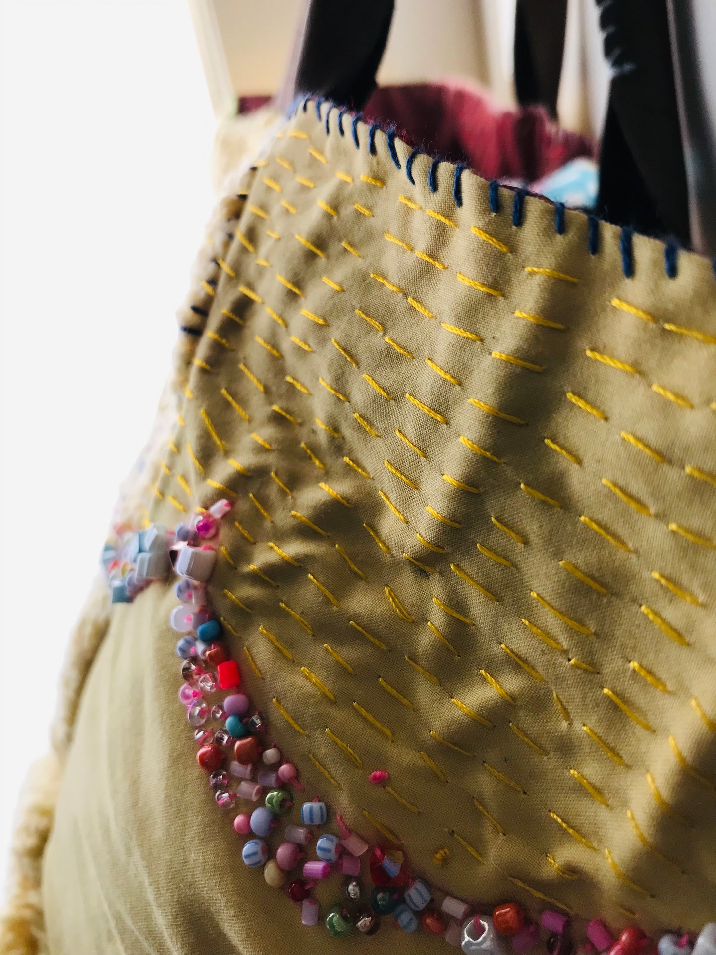 Taske håndsyet taske stof ægte læder håndtag håndlavet 1628