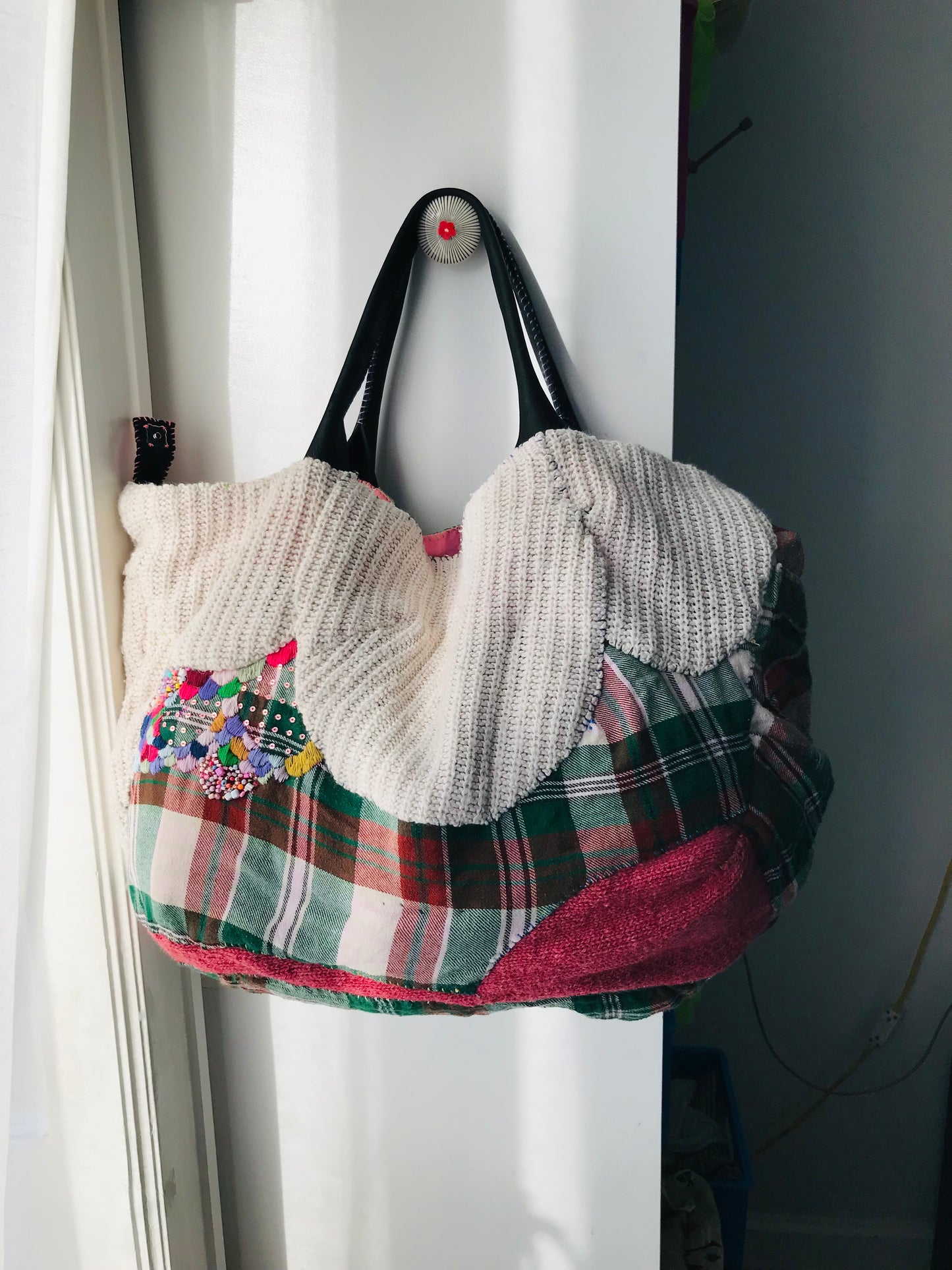 Taske håndsyet taske stof ægte læder håndtag håndlavet 1629 