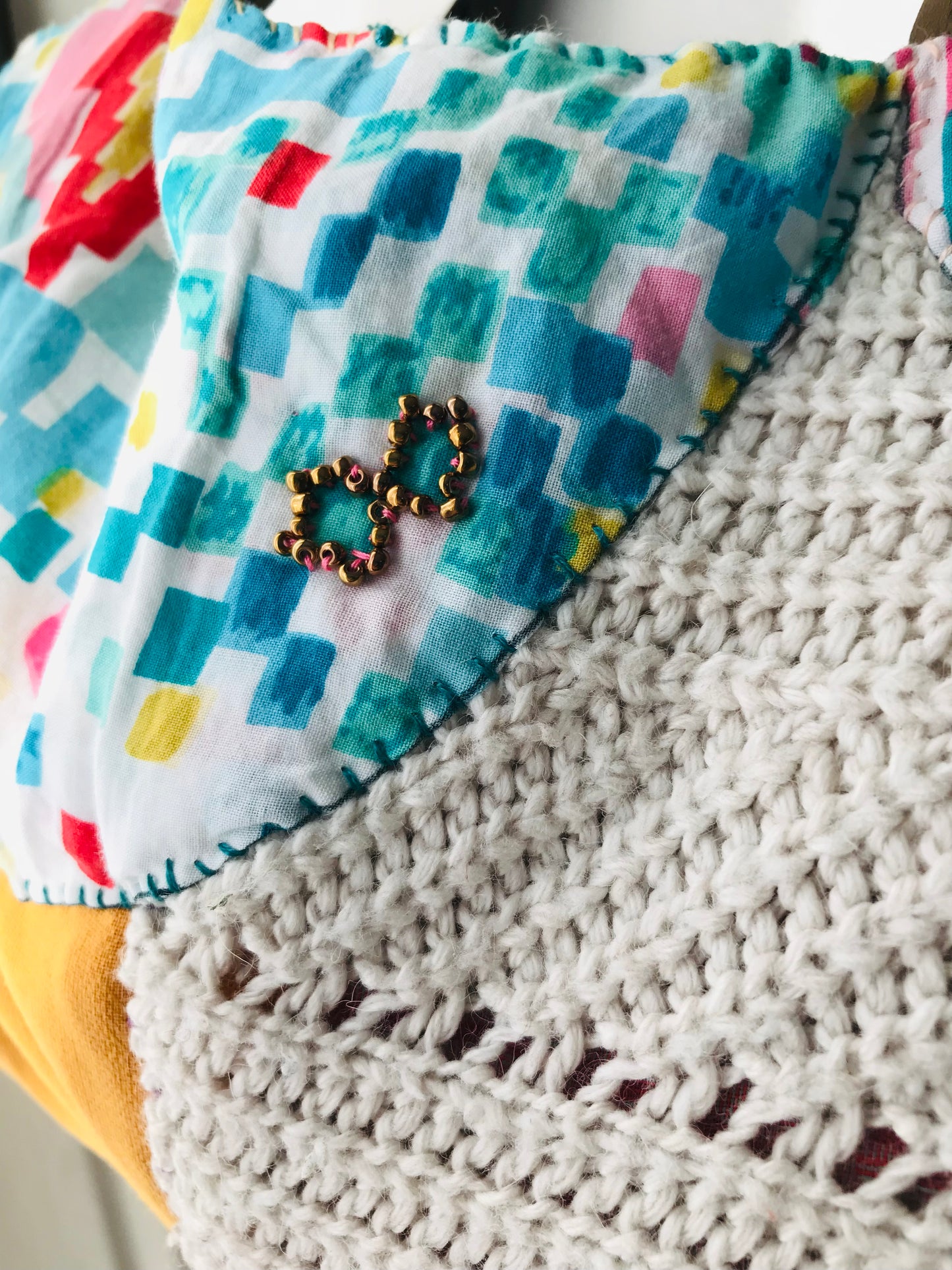 Taske håndsyet taske stof ægte læder håndtag håndlavet 1632 