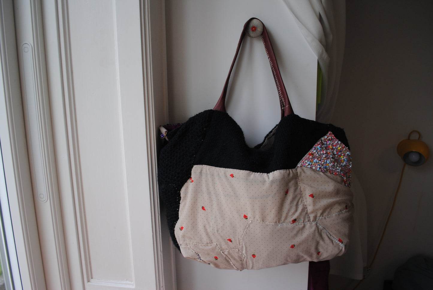 Taske håndsyet taske stof ægte læder håndtag håndlavet 1614