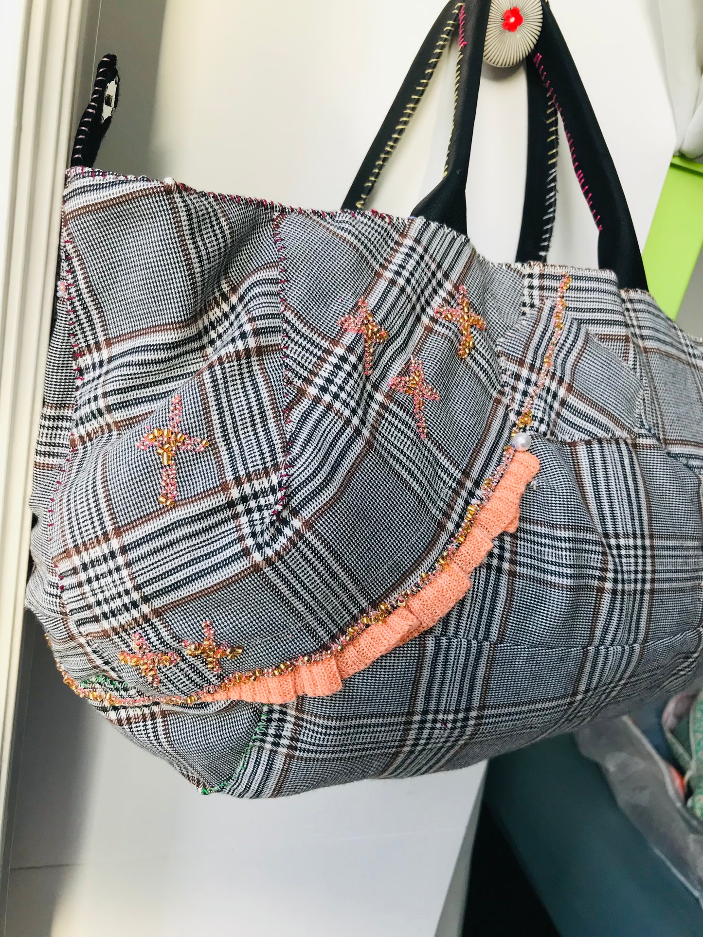 Taske håndsyet taske stof ægte læder håndtag håndlavet 1626 