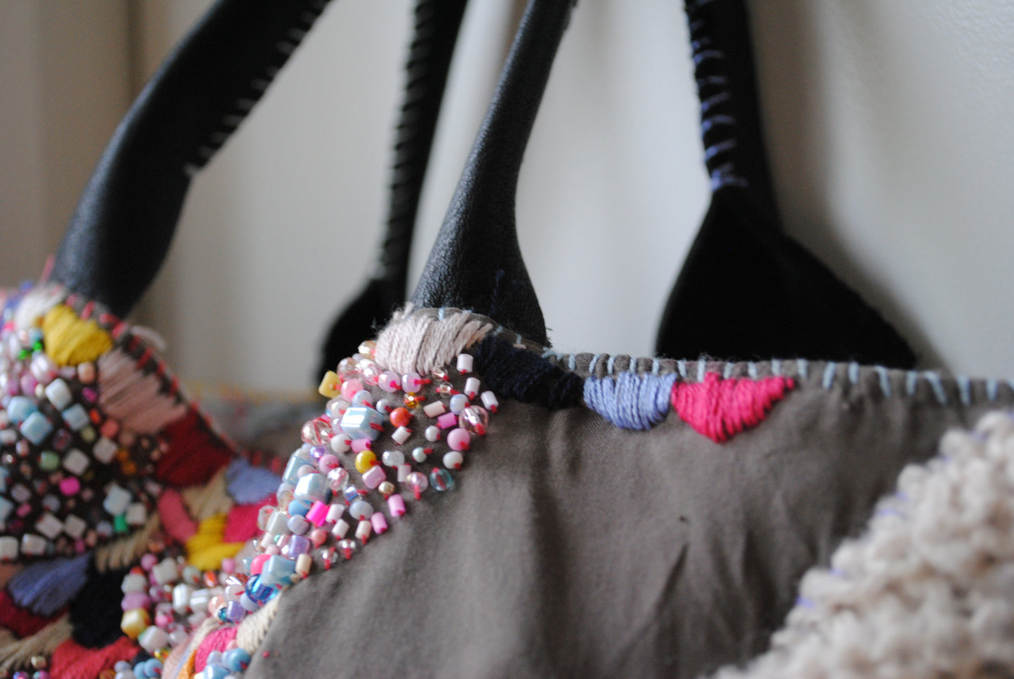 Taske håndsyet taske stof ægte læder håndtag håndlavet 1615