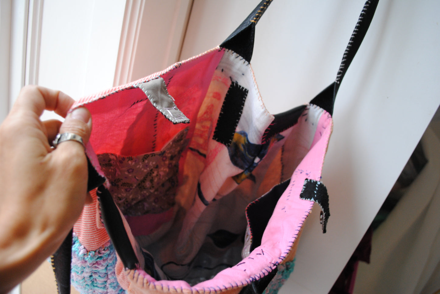 Taske håndsyet taske stof ægte læder håndtag håndlavet 1613