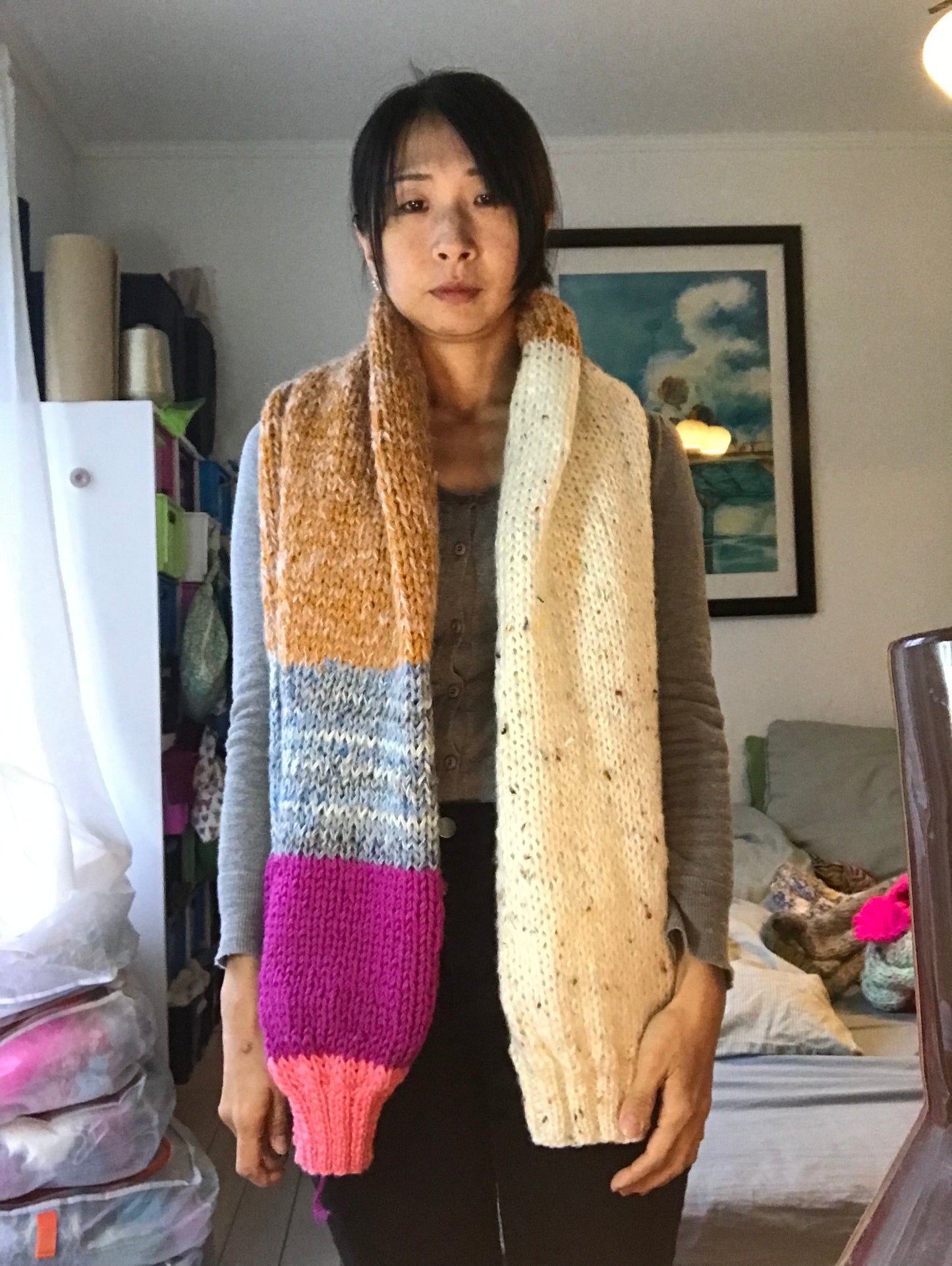 マフラー　ストール　手編み　ミックスヤーン　カラフル　1620