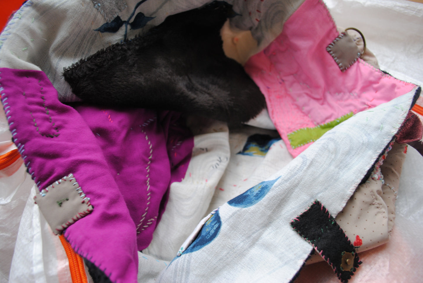 Taske håndsyet taske stof ægte læder håndtag håndlavet 1614