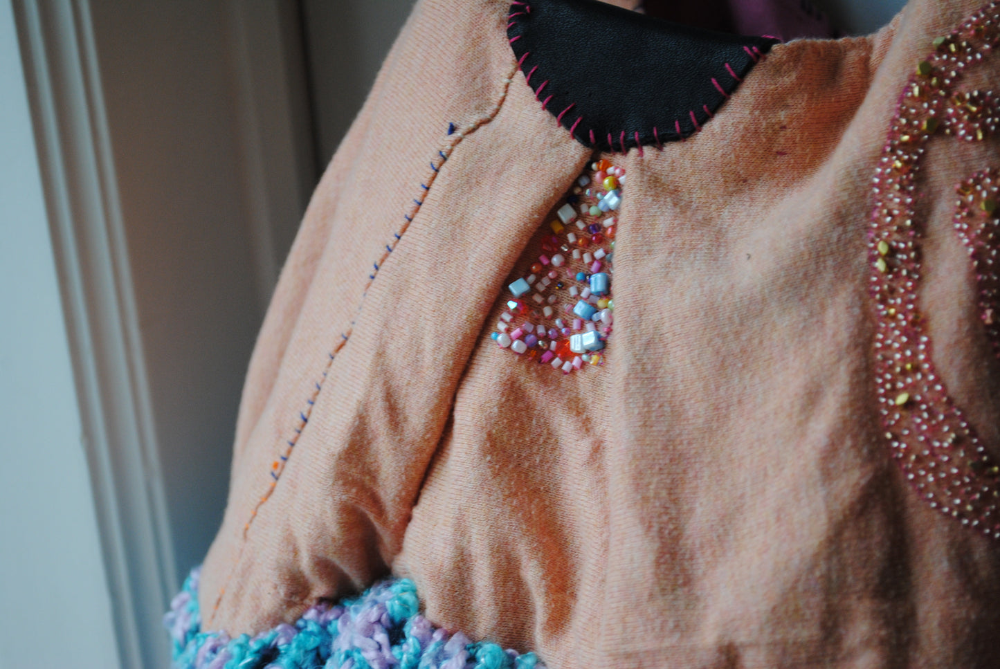 Taske håndsyet taske stof ægte læder håndtag håndlavet 1613