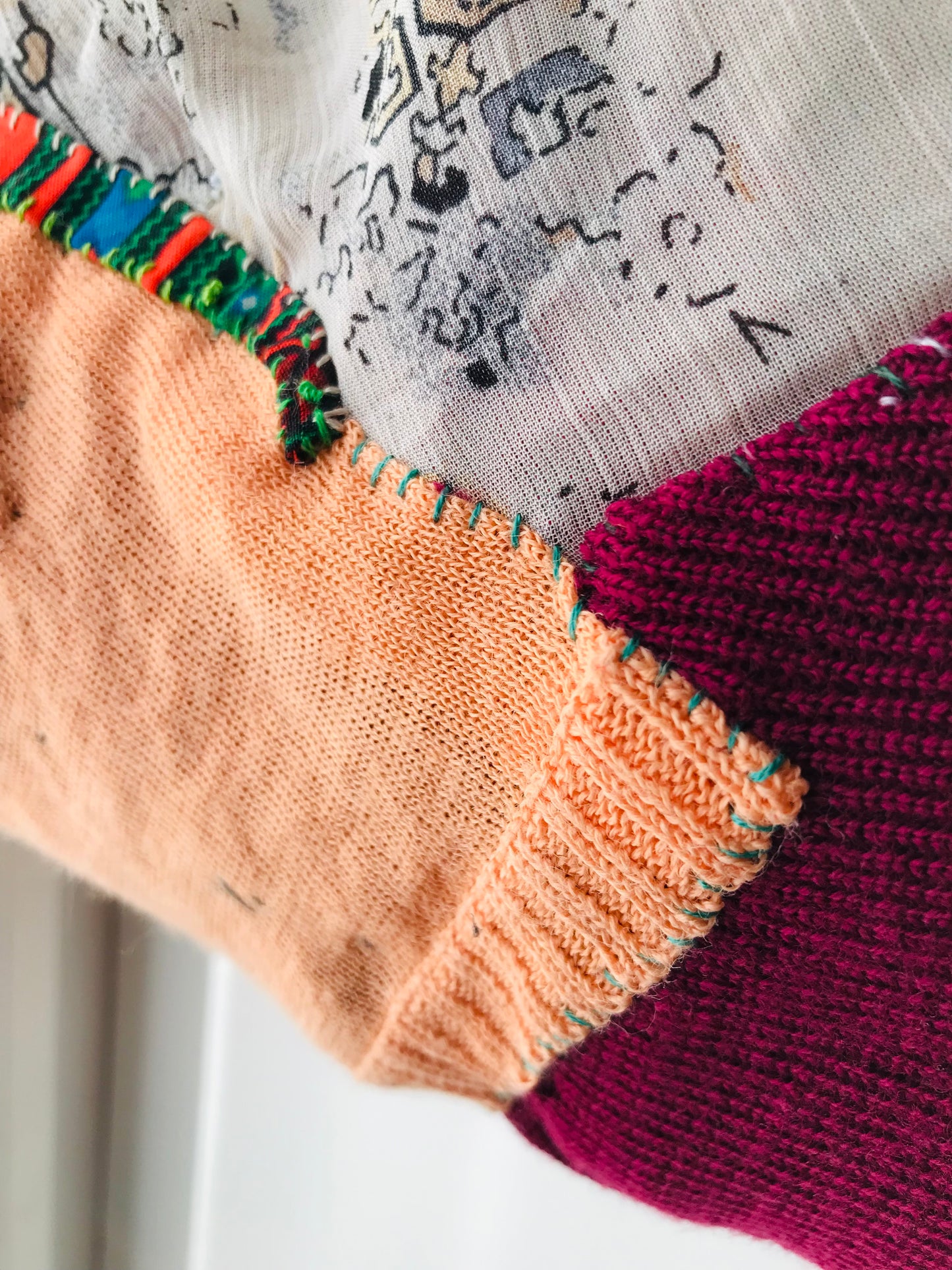 Taske håndsyet taske stof ægte læder håndtag håndlavet 1627