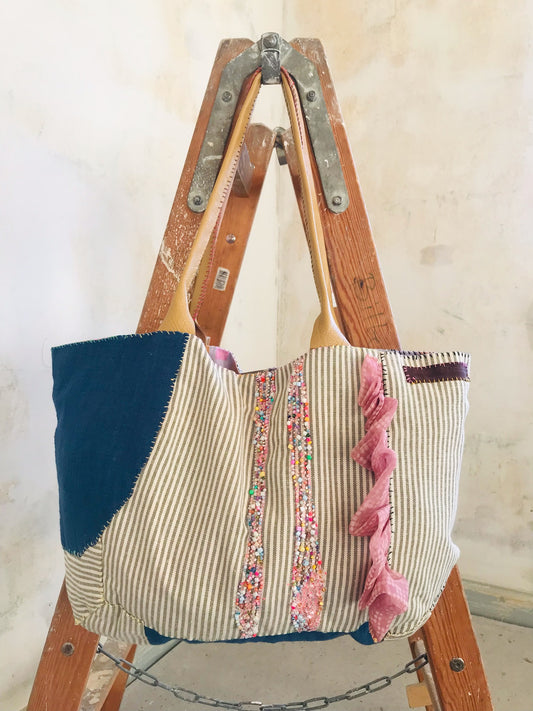 Taske håndsyet taske stof ægte læder håndtag slow fashion håndlavet 1695 