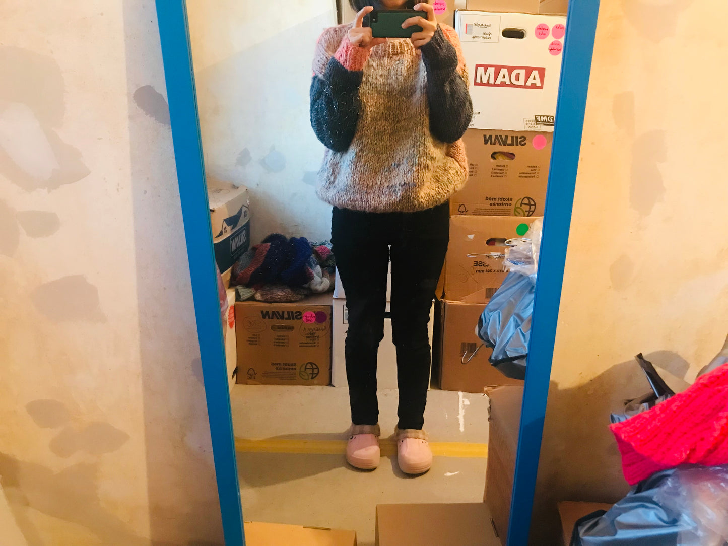 Sweater håndstrikket blandet garn vinter groft oversized slow fashion 1692