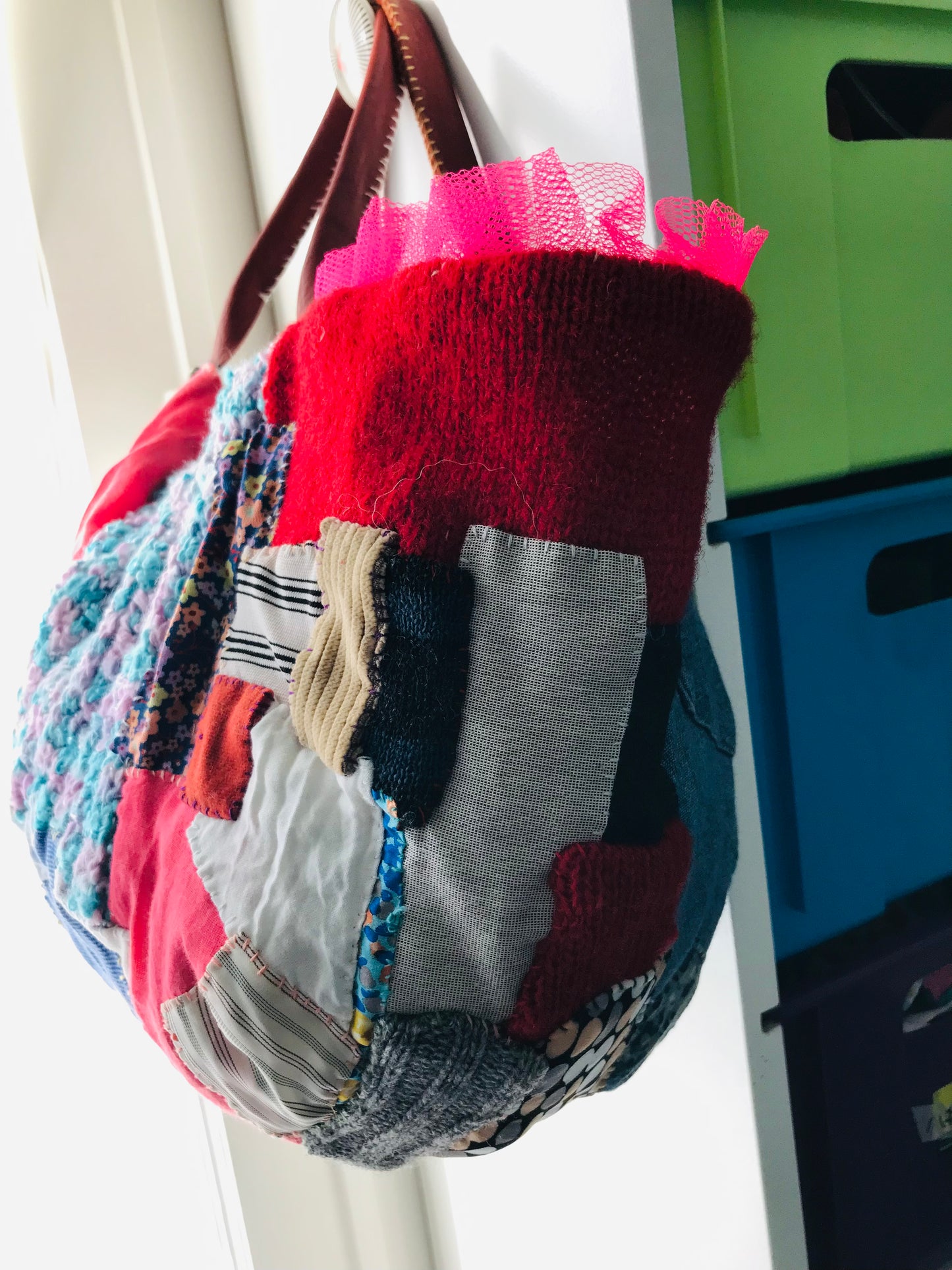 Taske håndsyet taske stof ægte læder håndtag håndlavet 1622 