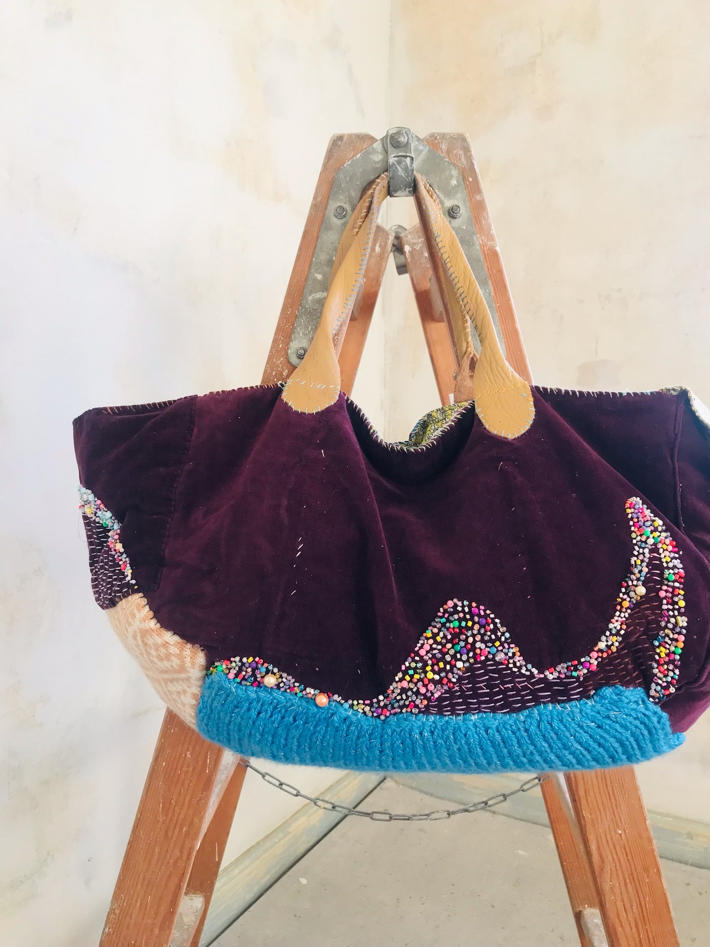 Taske håndsyet taske stof ægte læder håndtag slow fashion håndlavet 1689 