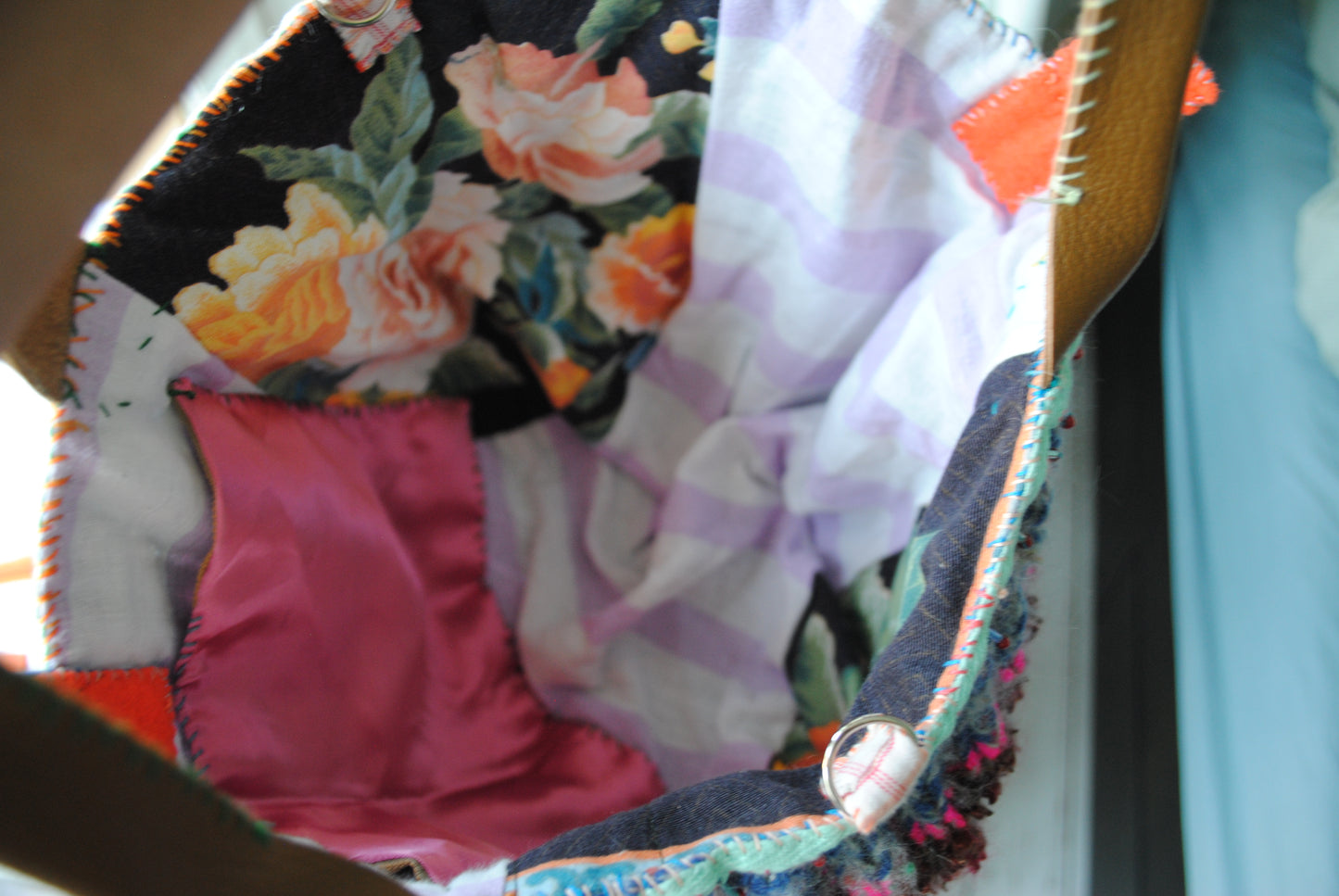 Bag  手縫のバッグ　布製　本革　持ち手　ハンドメイド　1456