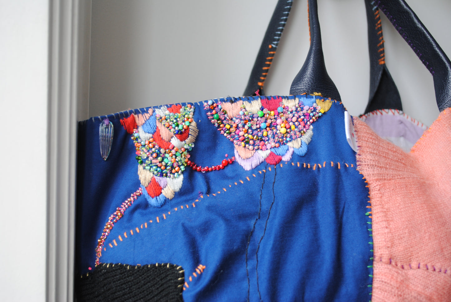 Bag 1531 hand sewn bag fabric genuine leather handle handmade beads embroidery mohair pink blue