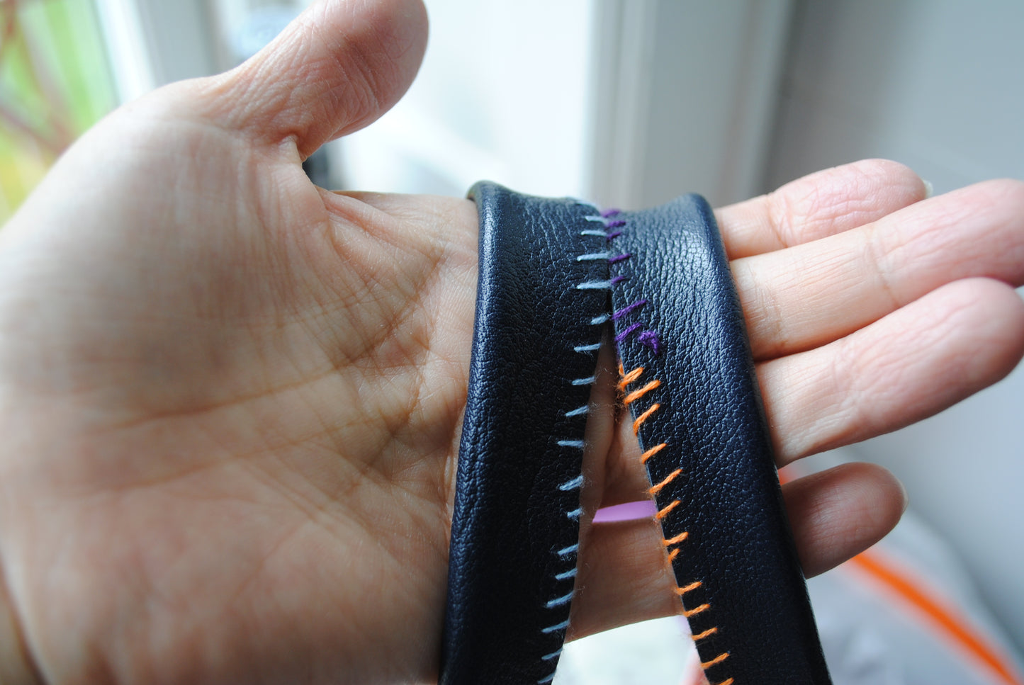 Bag 1531 hand sewn bag fabric genuine leather handle handmade beads embroidery mohair pink blue