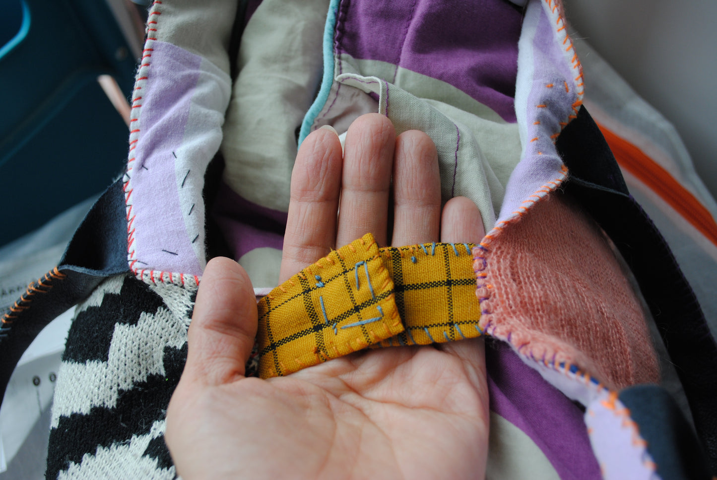 Bag 1531 hand sewn bag fabric genuine leather handle handmade beads embroidery mohair pink blue