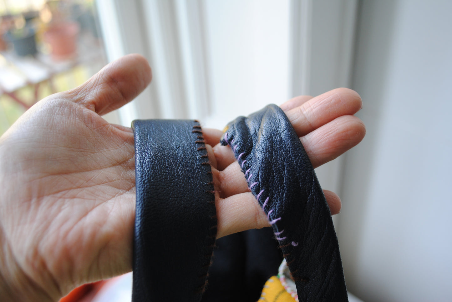 Bag  手縫のバッグ　布製　本革　持ち手　ハンドメイド　1538