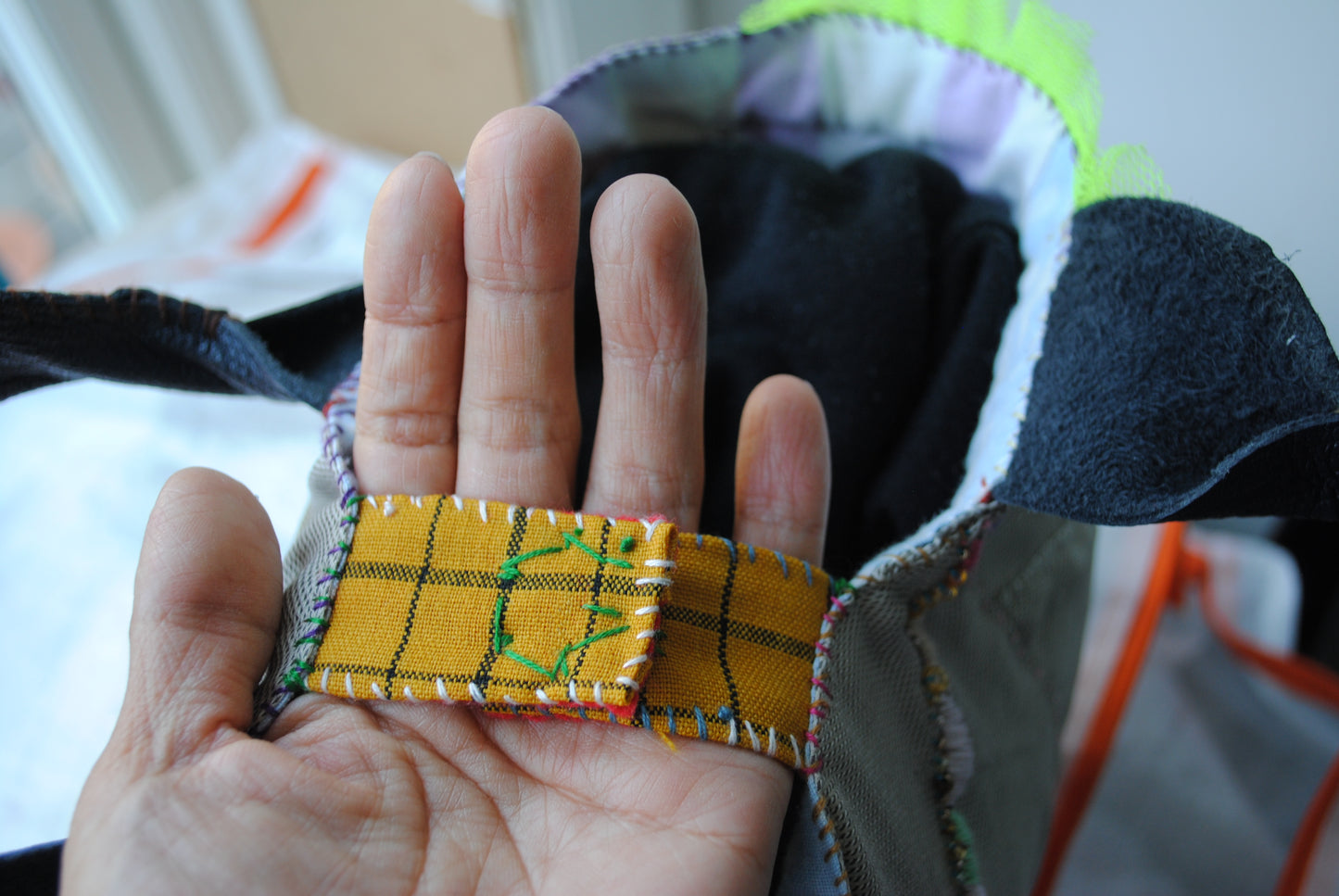 Bag  手縫のバッグ　布製　本革　持ち手　ハンドメイド　1538