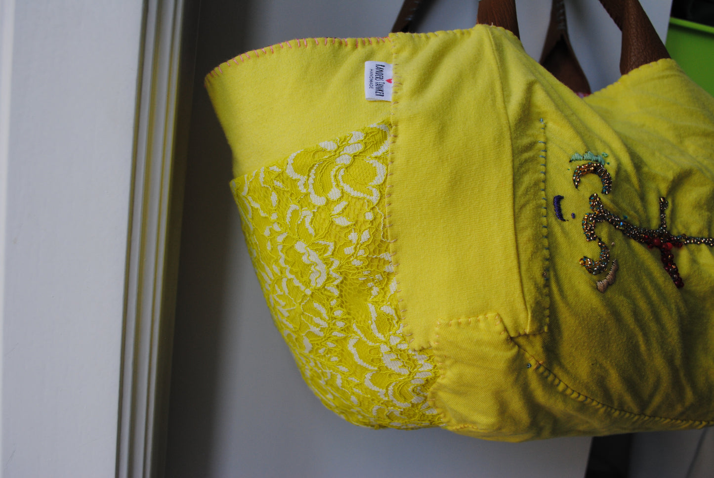 Bag  手縫のバッグ　布製　本革　持ち手　ハンドメイド　1533