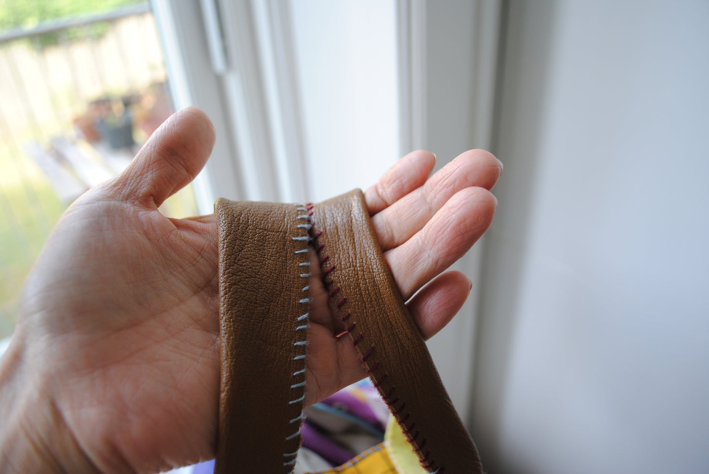 Bag  手縫のバッグ　布製　本革　持ち手　ハンドメイド　1533