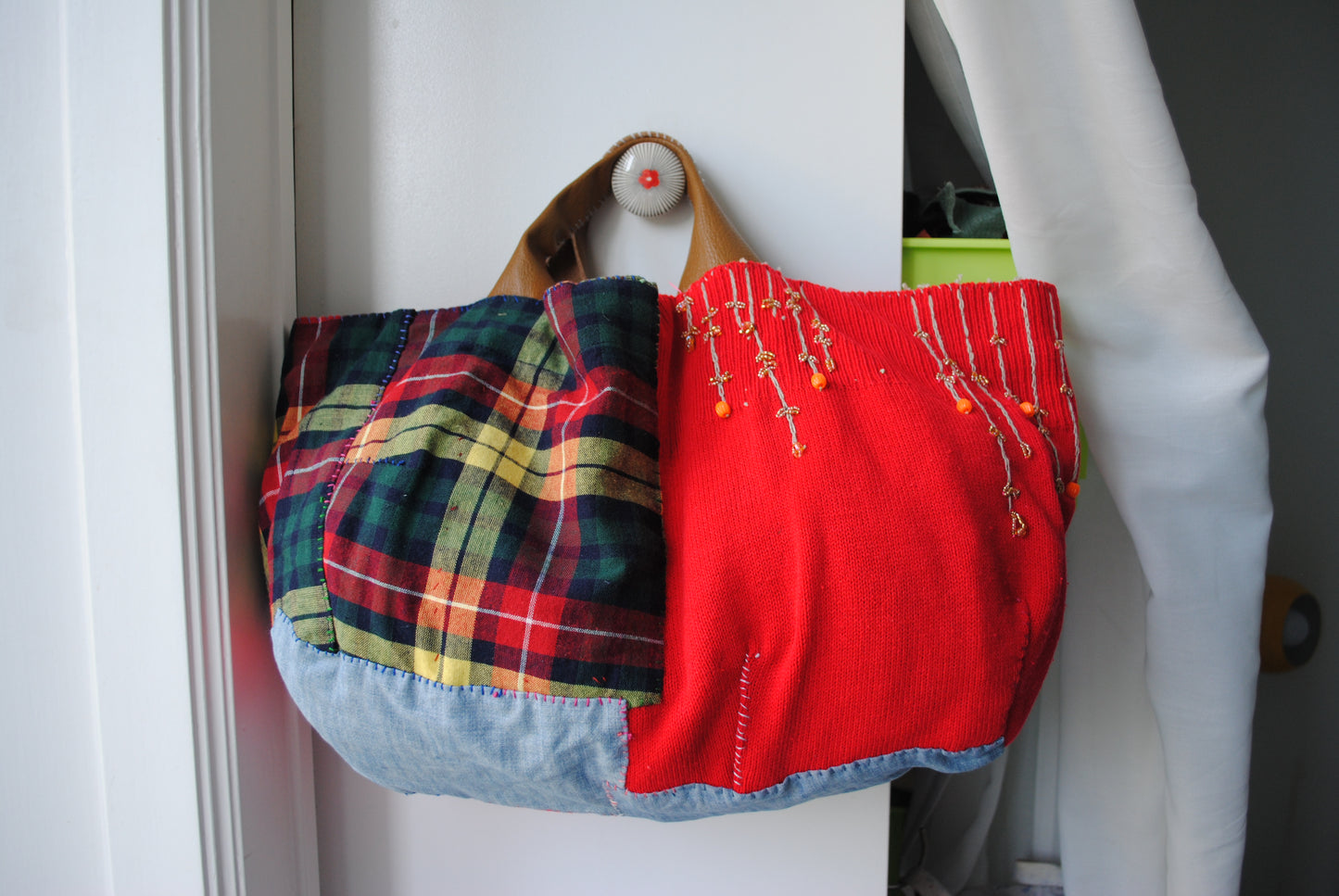 Bag  手縫のバッグ　布製　本革　持ち手　ハンドメイド　1518