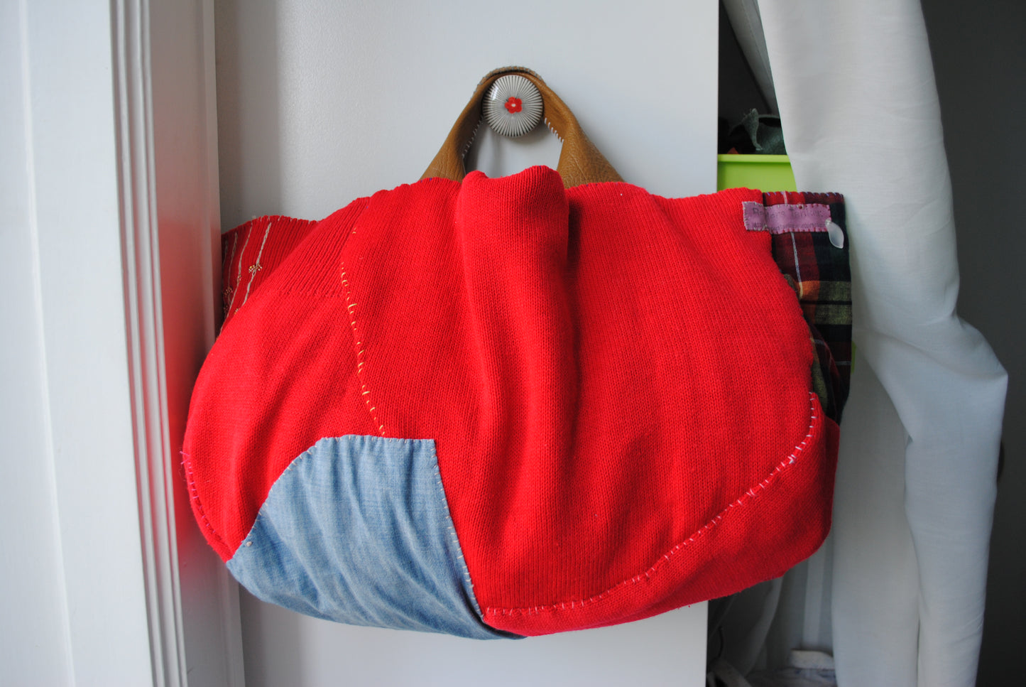 Bag  手縫のバッグ　布製　本革　持ち手　ハンドメイド　1518