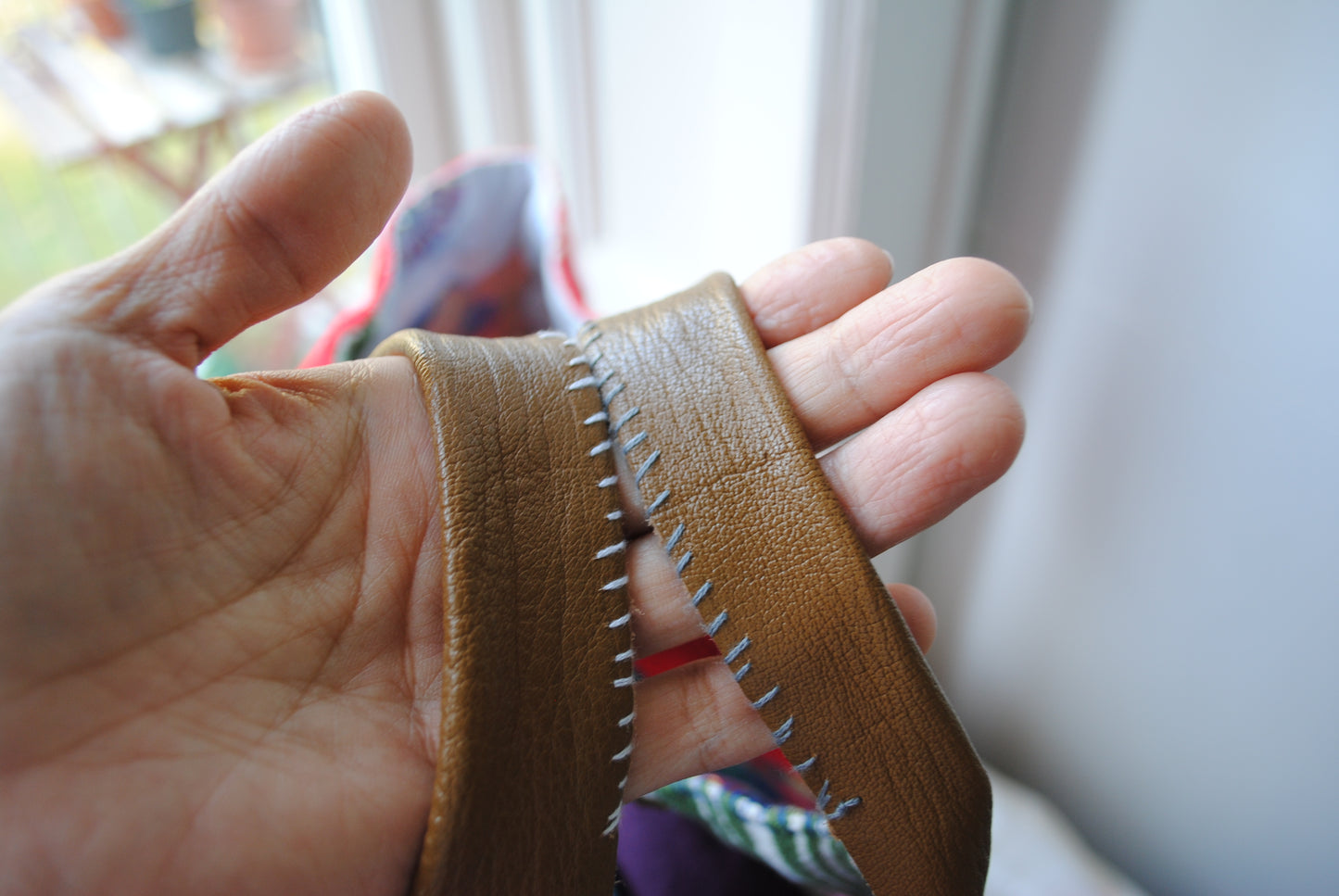 Bag  手縫のバッグ　布製　本革　持ち手　ハンドメイド　1518