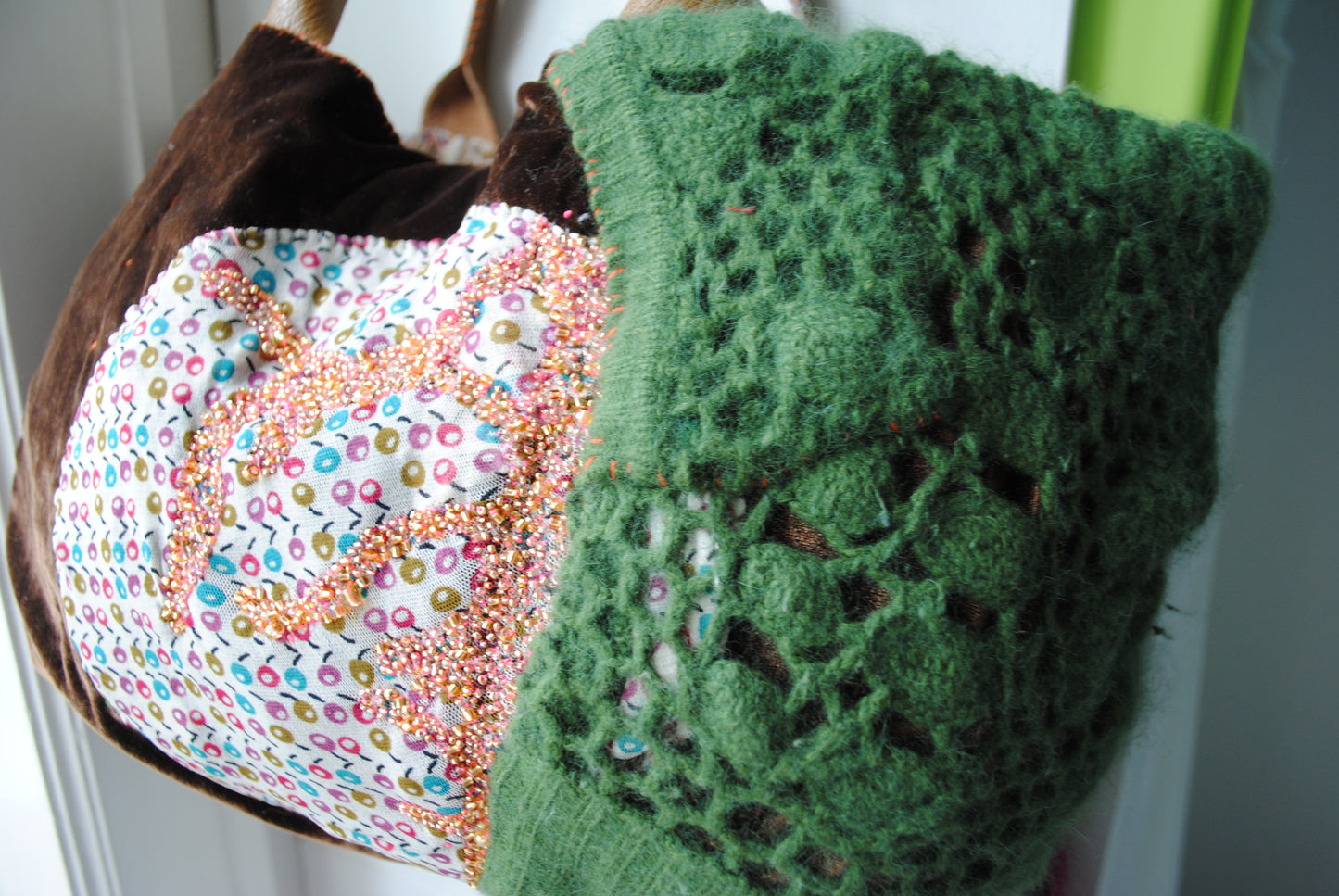 Bag 1536 hand sewn bag fabric genuine leather handle handmade beads embroidery green velor