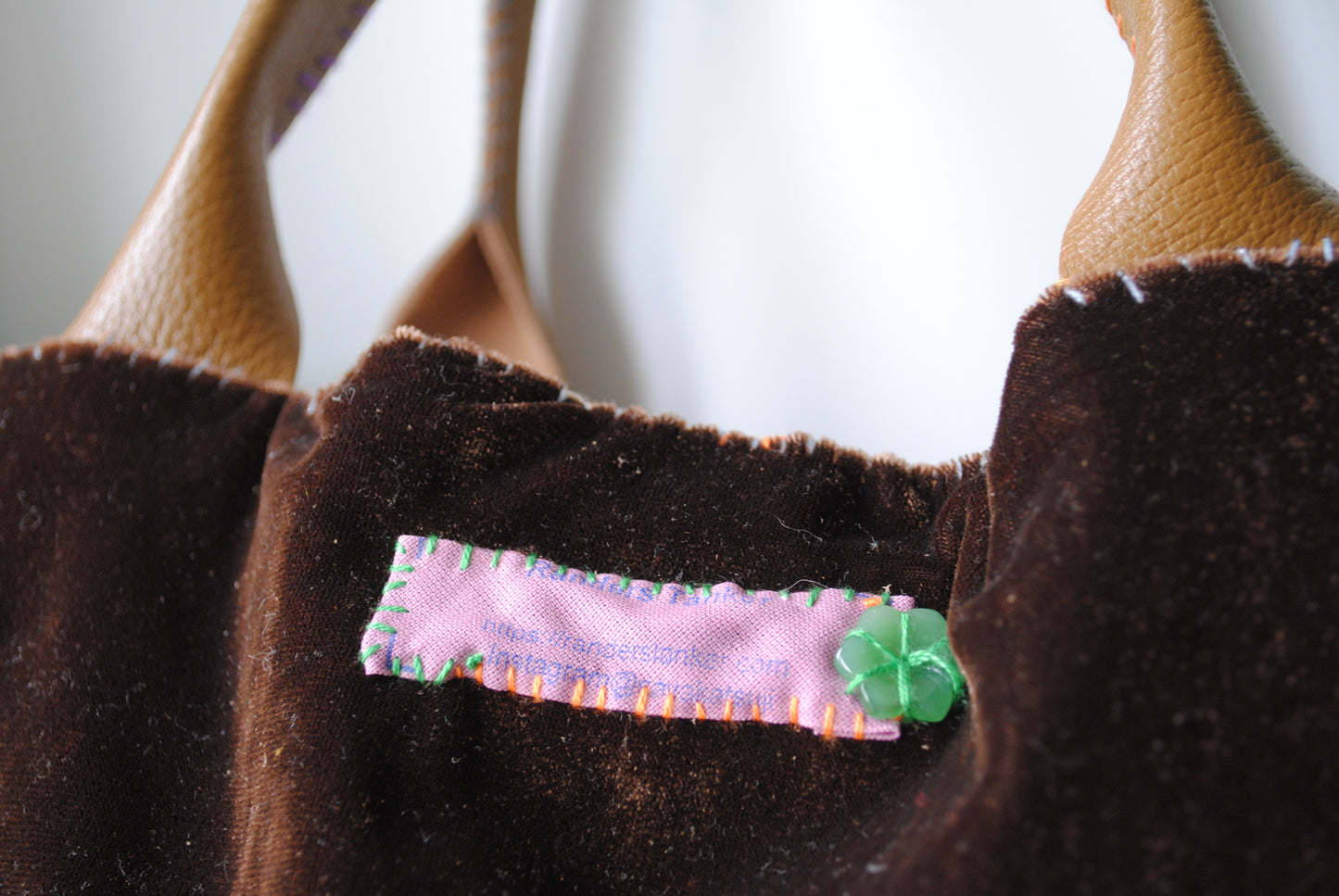 Bag 1536 hand sewn bag fabric genuine leather handle handmade beads embroidery green velor