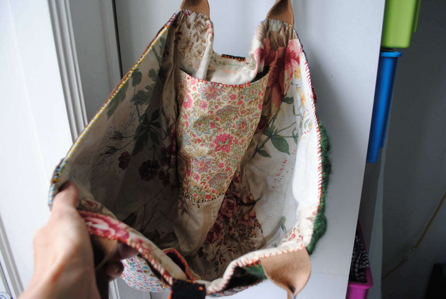 Bag 1536 hand sewn bag fabric genuine leather handle handmade beads embroidery green velor