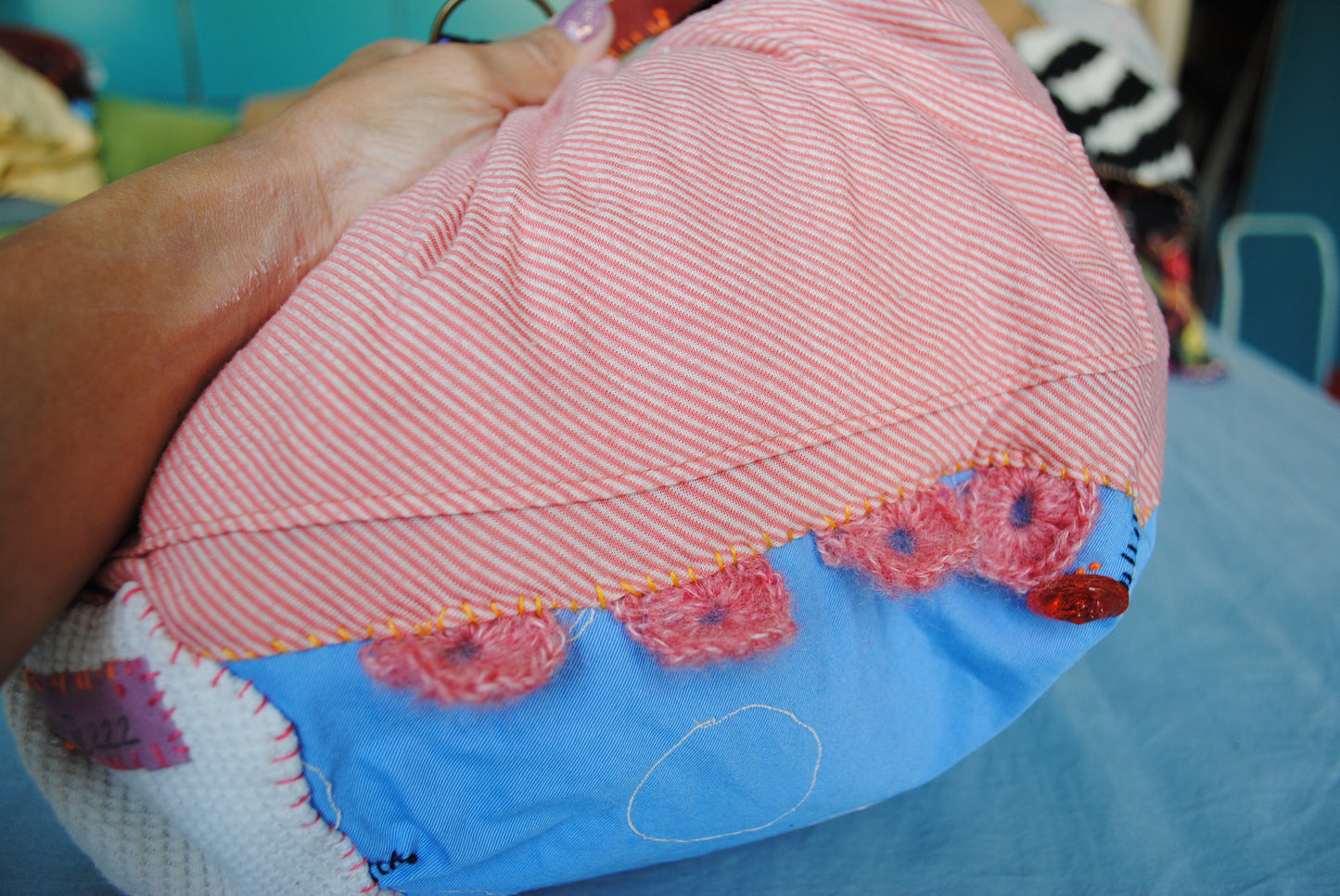 Bag  手縫のバッグ　布製　本革　持ち手　ハンドメイド　1567