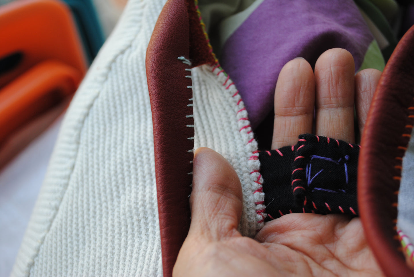 Bag  手縫のバッグ　布製　本革　持ち手　ハンドメイド　1567