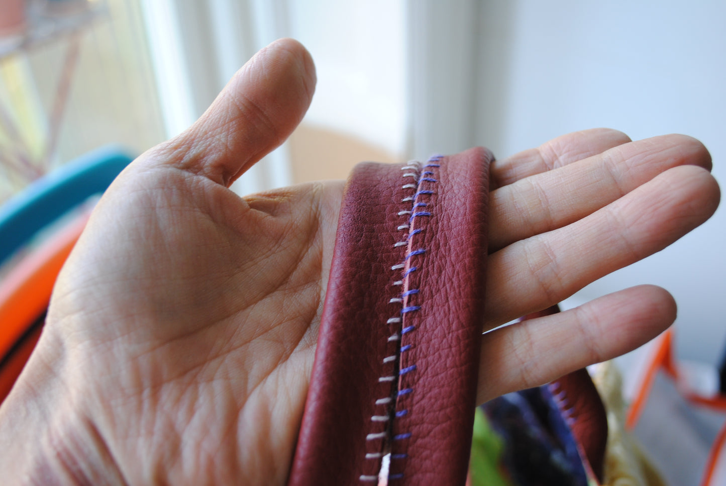 Bag  手縫のバッグ　布製　本革　持ち手　ハンドメイド　1566、