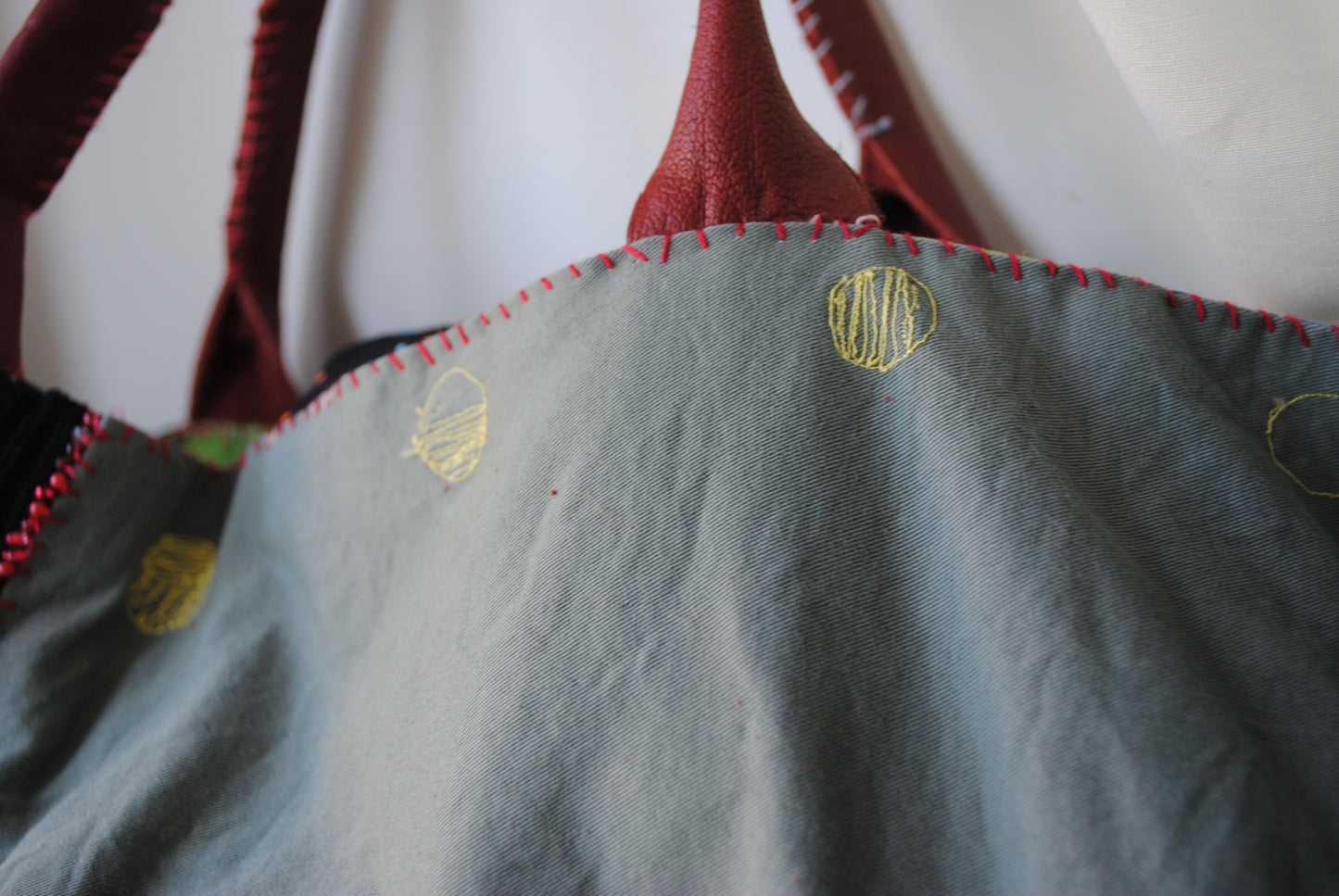 Bag  手縫のバッグ　布製　本革　持ち手　ハンドメイド　1569、