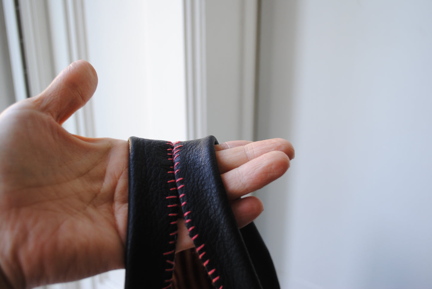 Bag  手縫のバッグ　布製　本革　持ち手　ハンドメイド　1568、