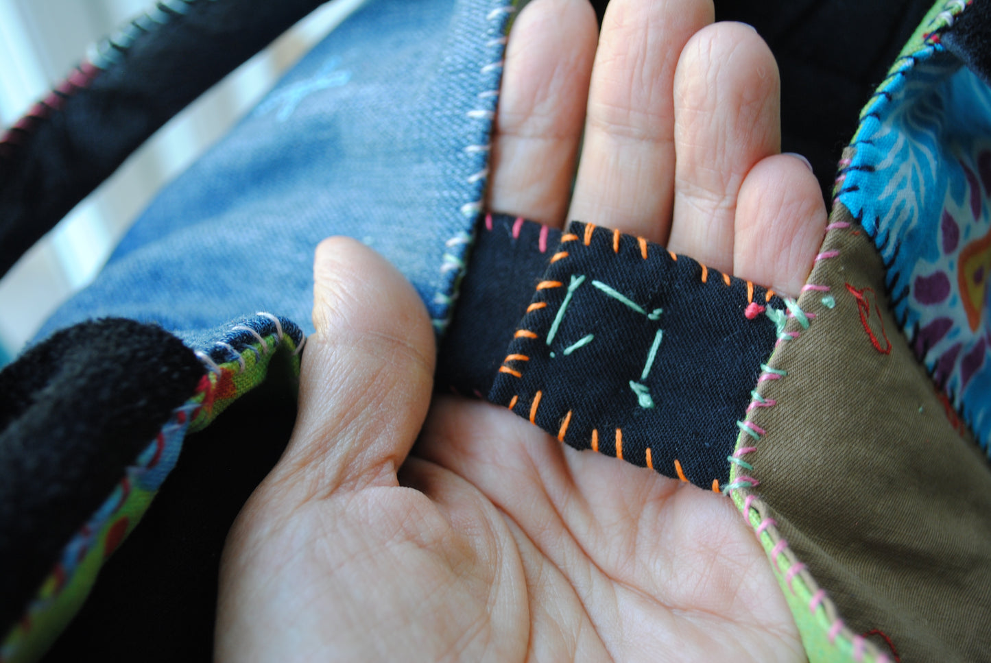 Bag  手縫のバッグ　布製　本革　持ち手　ハンドメイド　1568、