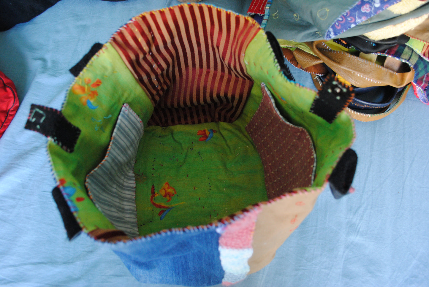 Bag  手縫のバッグ　布製　本革　持ち手　ハンドメイド　1568、