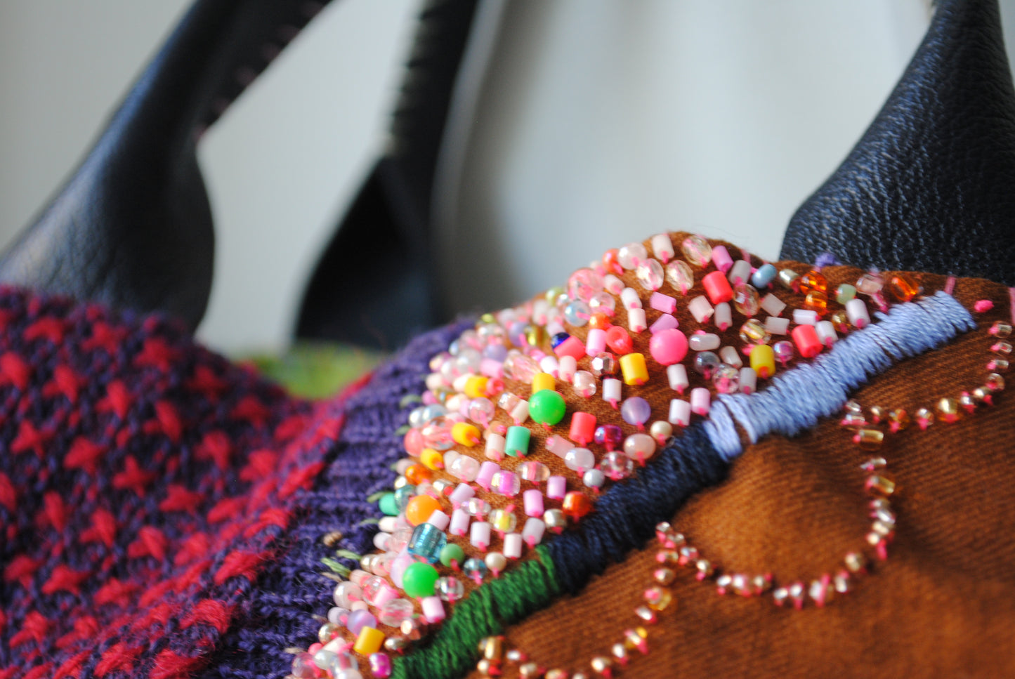 Bag  手縫のバッグ　布製　本革　持ち手　ハンドメイド　1557