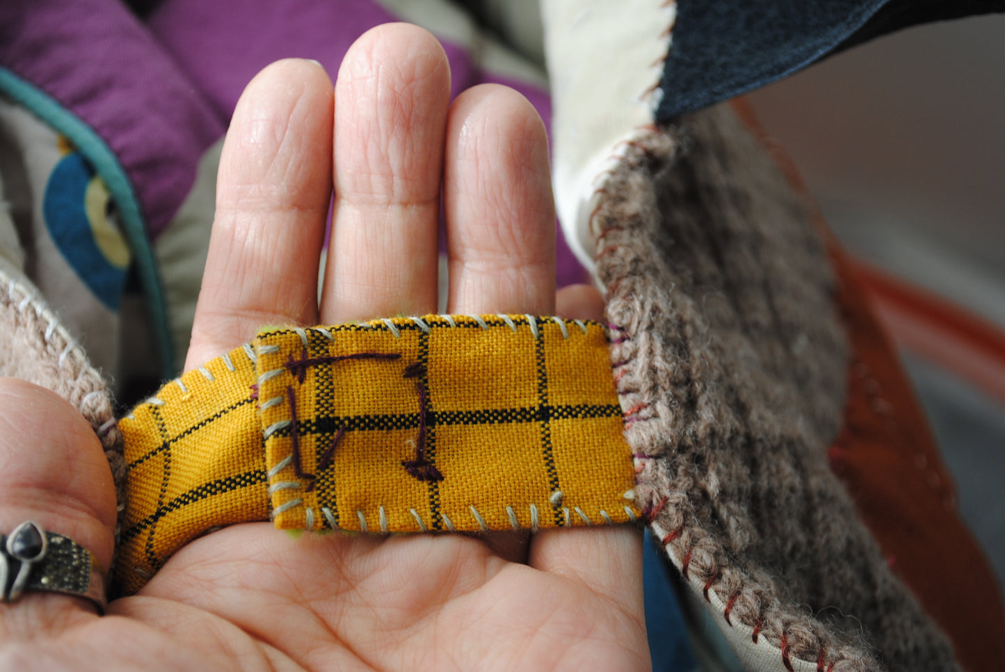 Bag 1515 手縫のバッグ　布製　本革　持ち手　ハンドメイド　オレンジ　小花