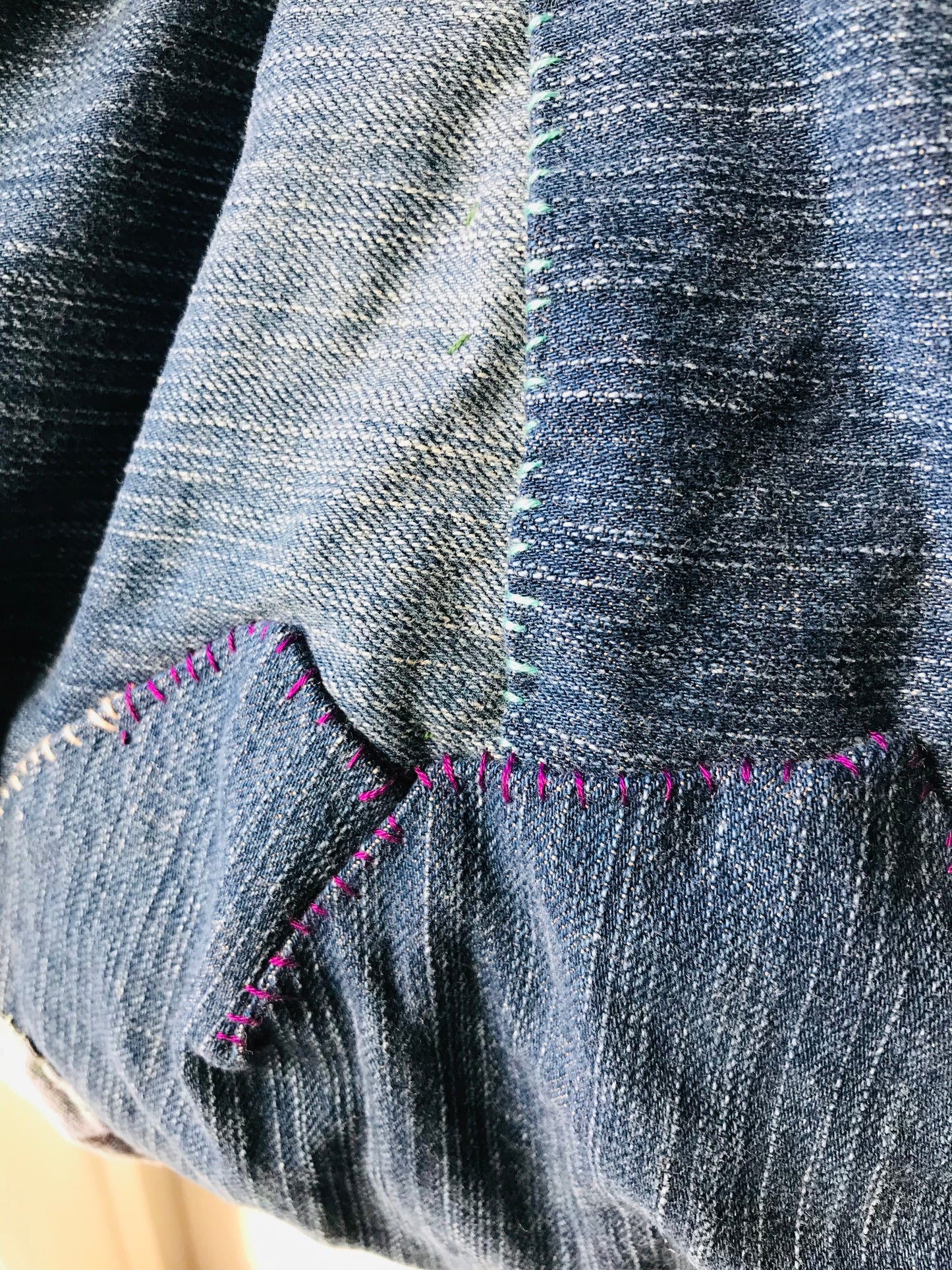 Taske håndsyet taske stof ægte læder håndtag håndlavet 1631 