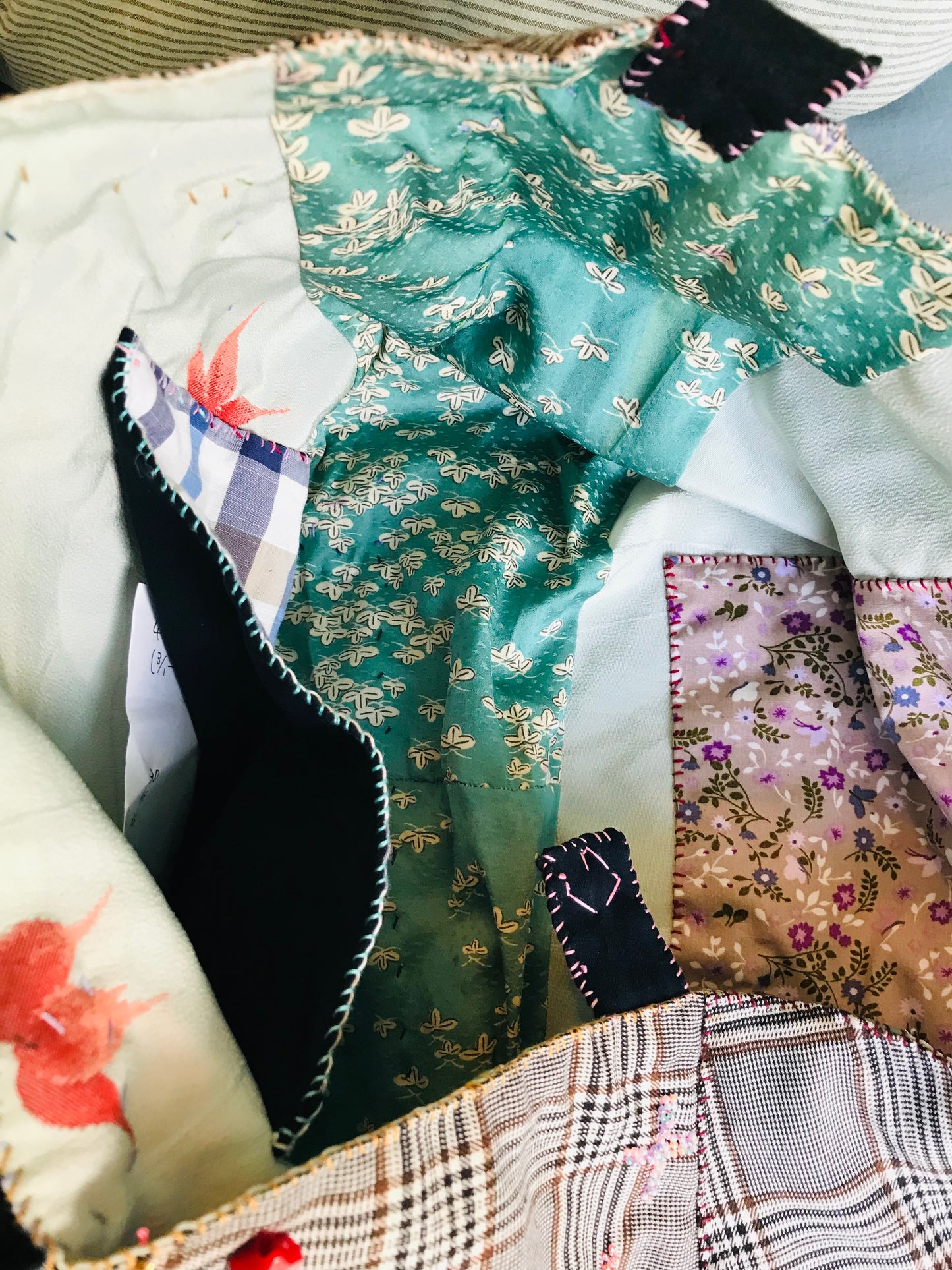 Taske håndsyet taske stof ægte læder håndtag håndlavet 1626 