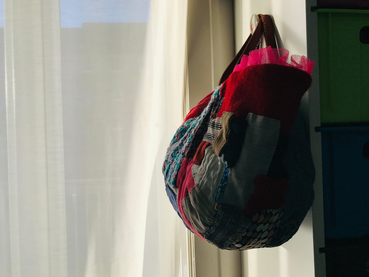 Taske håndsyet taske stof ægte læder håndtag håndlavet 1622 