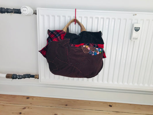 Taske håndsyet taske stof ægte læder håndtag slow fashion håndlavet 1702 