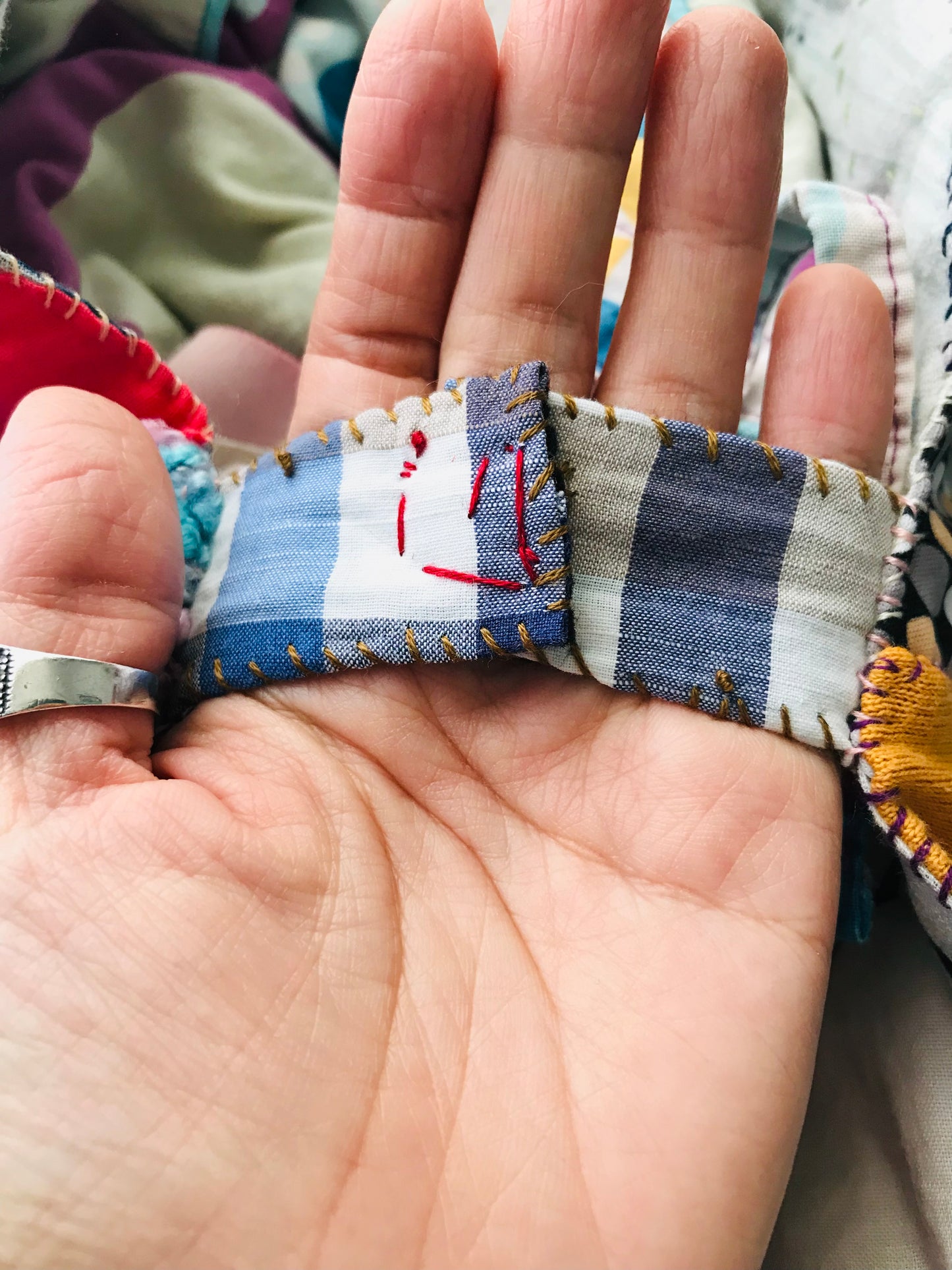 Taske håndsyet taske stof ægte læder håndtag håndlavet 1622 