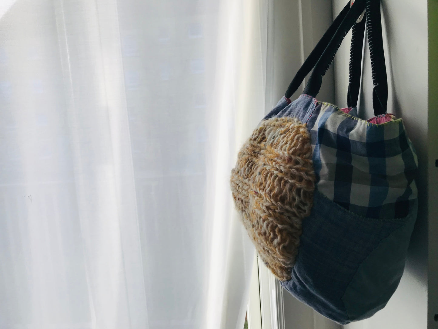 Taske håndsyet taske stof ægte læder håndtag håndlavet 1633