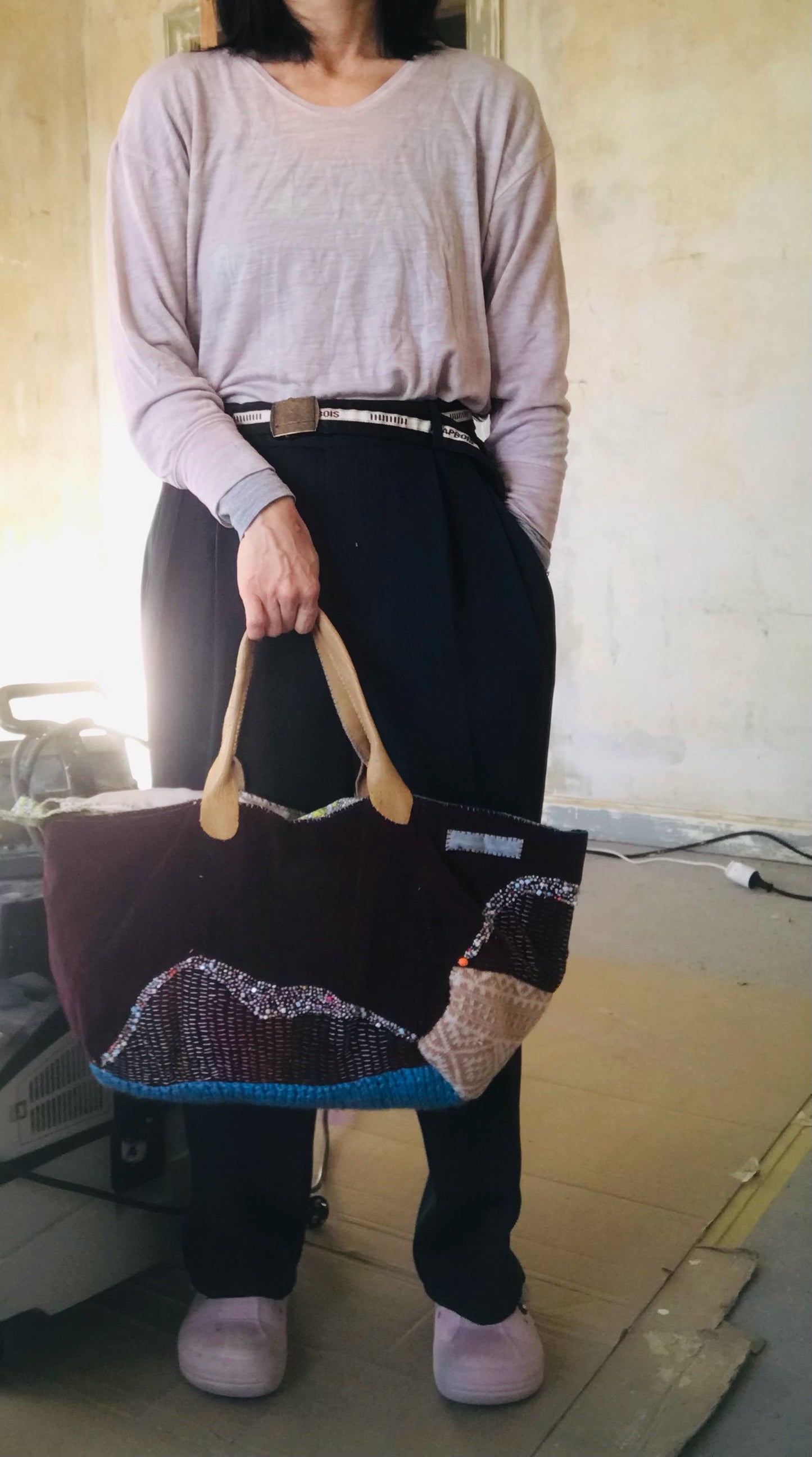 Taske håndsyet taske stof ægte læder håndtag slow fashion håndlavet 1689 