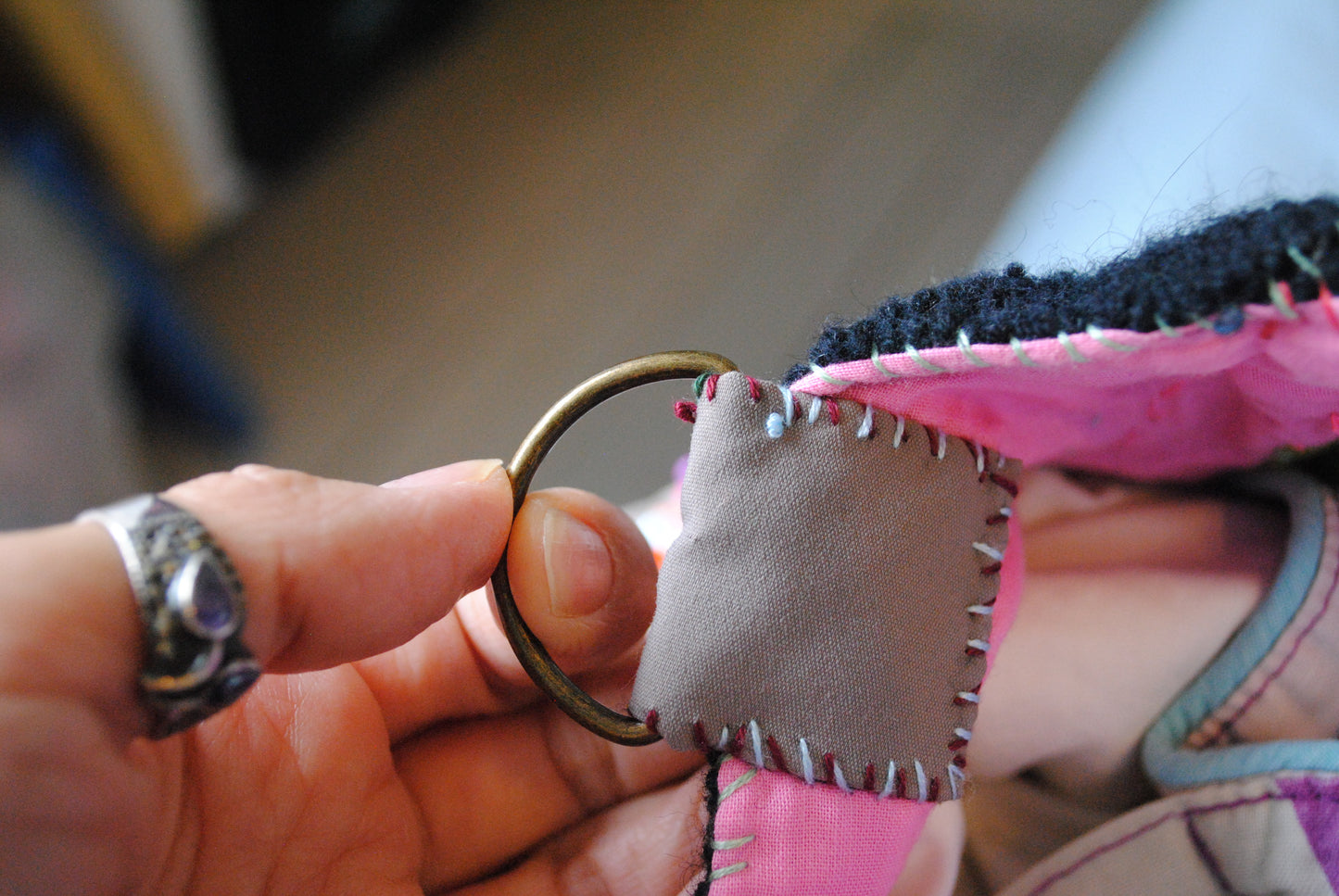 Taske håndsyet taske stof ægte læder håndtag håndlavet 1614