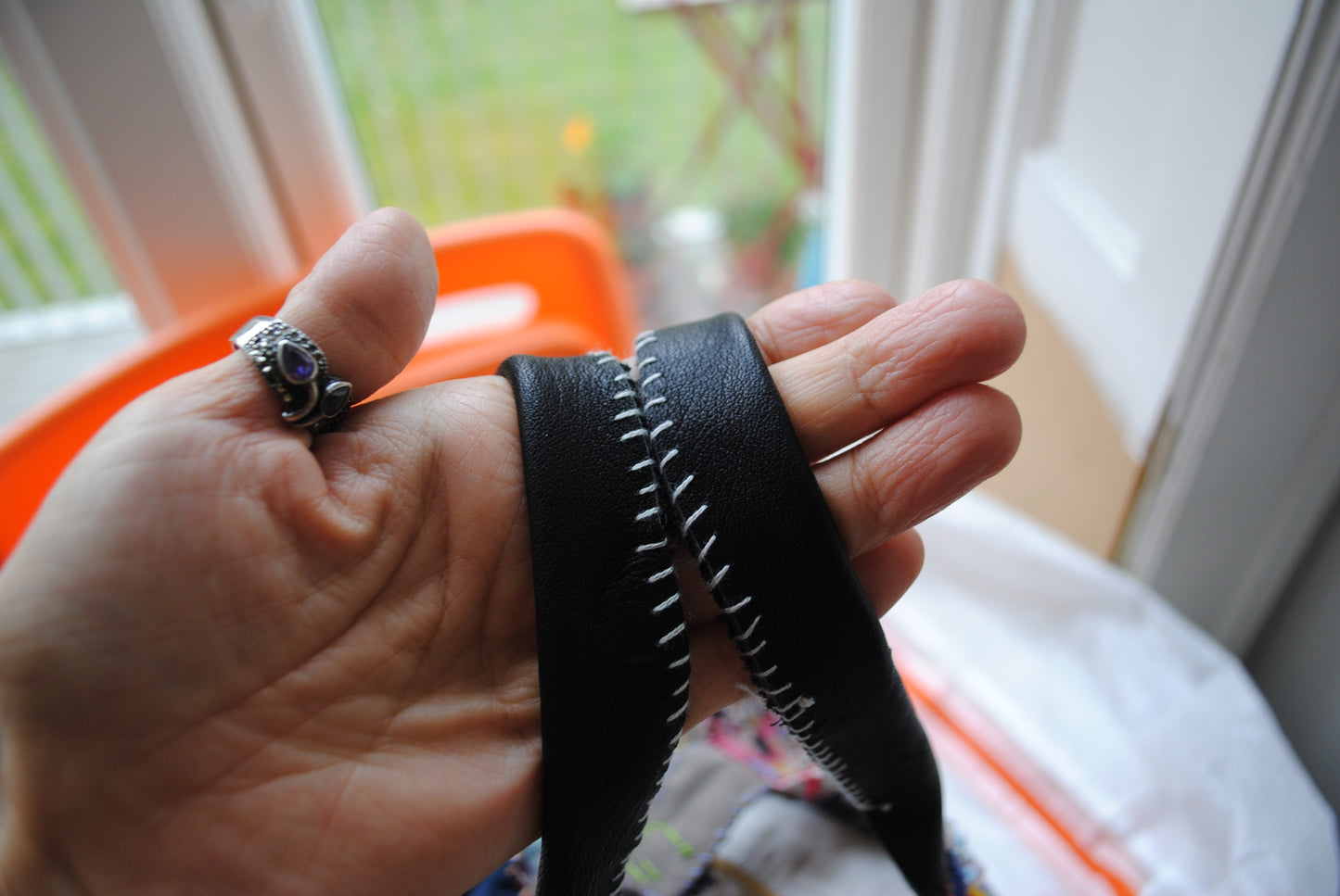 Taske håndsyet taske stof ægte læder håndtag håndlavet 1615